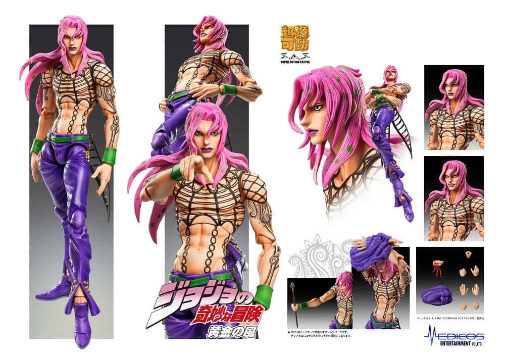 Jojo's Bizarre Adventure Diavolo 桌布 壁紙 — 一個肌肉發達的動漫角色詳細動作人偶，粉紅色頭髮和紫色褲子，在白色背景前動態擺姿勢。