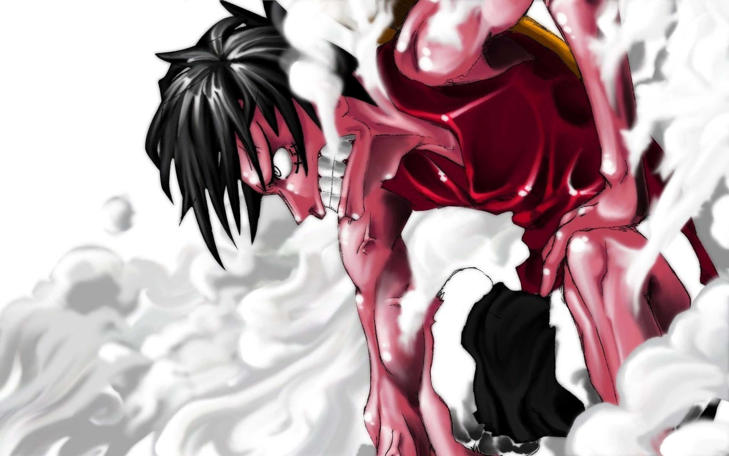 Cool Luffy 桌布 壁紙 — 一個肌肉發達的動漫角色身穿紅色盔甲，在旋轉的白煙中帶著強烈的專注向前衝刺。