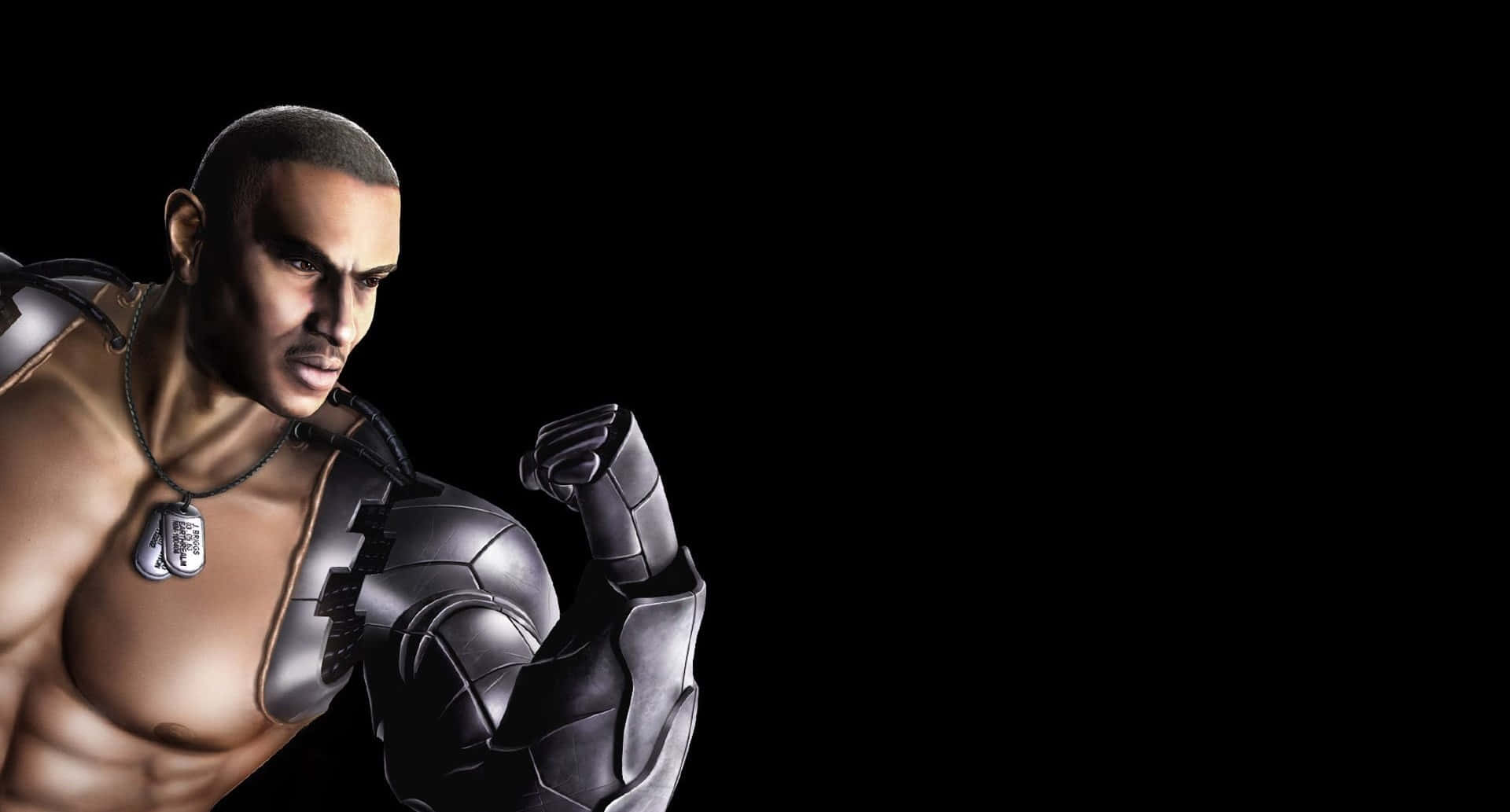 Mortal Kombat Jax 桌布 壁紙 — 一個肌肉發達的動漫風格戰士，配備機械手臂和軍籍牌，在黑色背景前凝視。