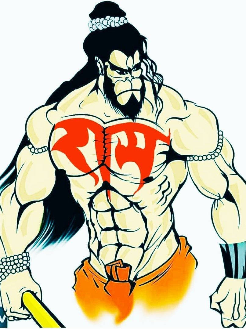 angry hanuman 桌布 壁紙 — 一個肌肉發達的動漫風格戰士，黑髮鬍鬚，穿著橙色短褲，手持黃色武器，胸口有紅色紋身。