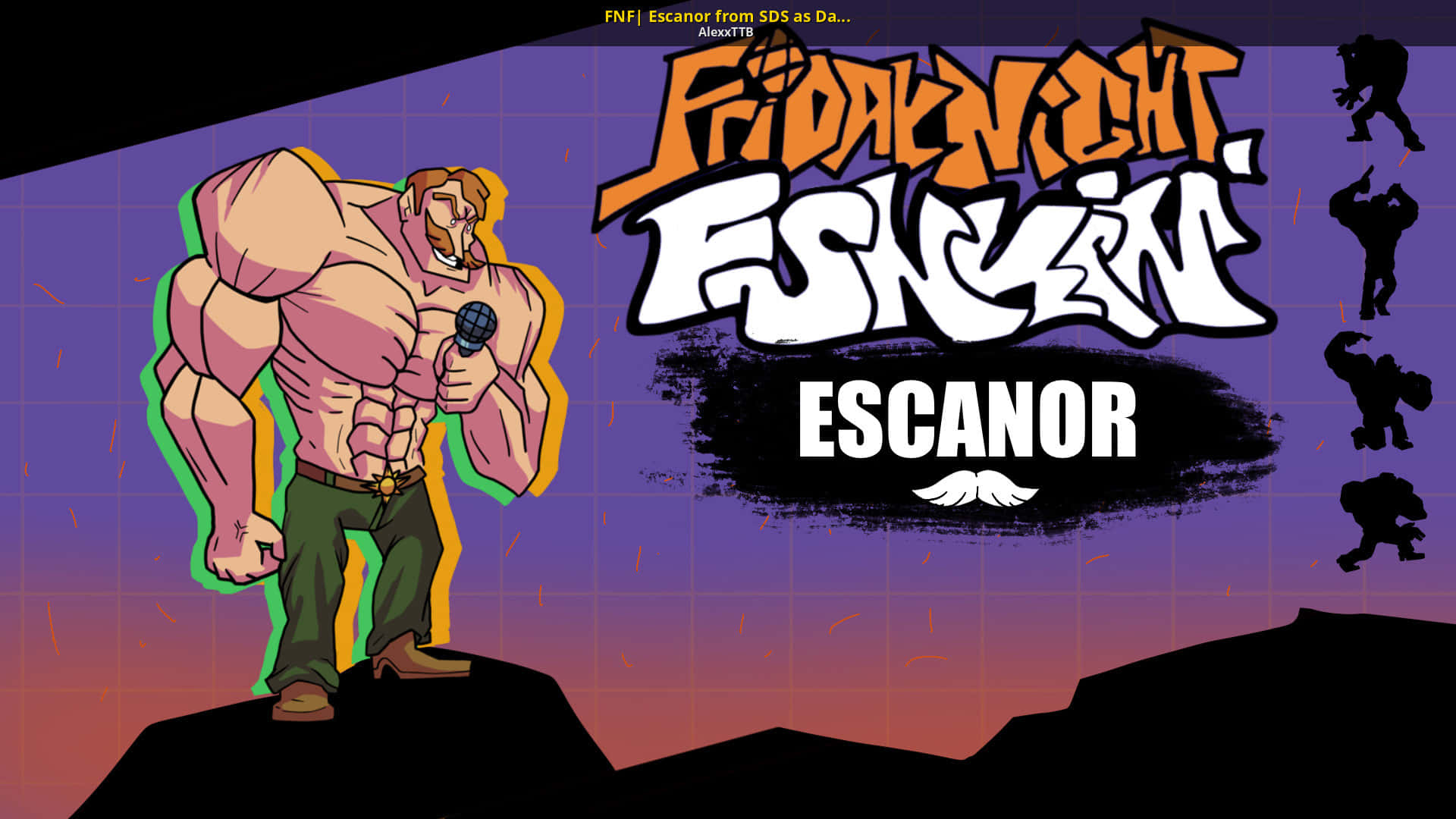 Escanor 桌布 壁紙 — 一個肌肉發達的動畫角色站在懸崖上，手持麥克風，背景是紫色漸變天空和塗鴉文字。