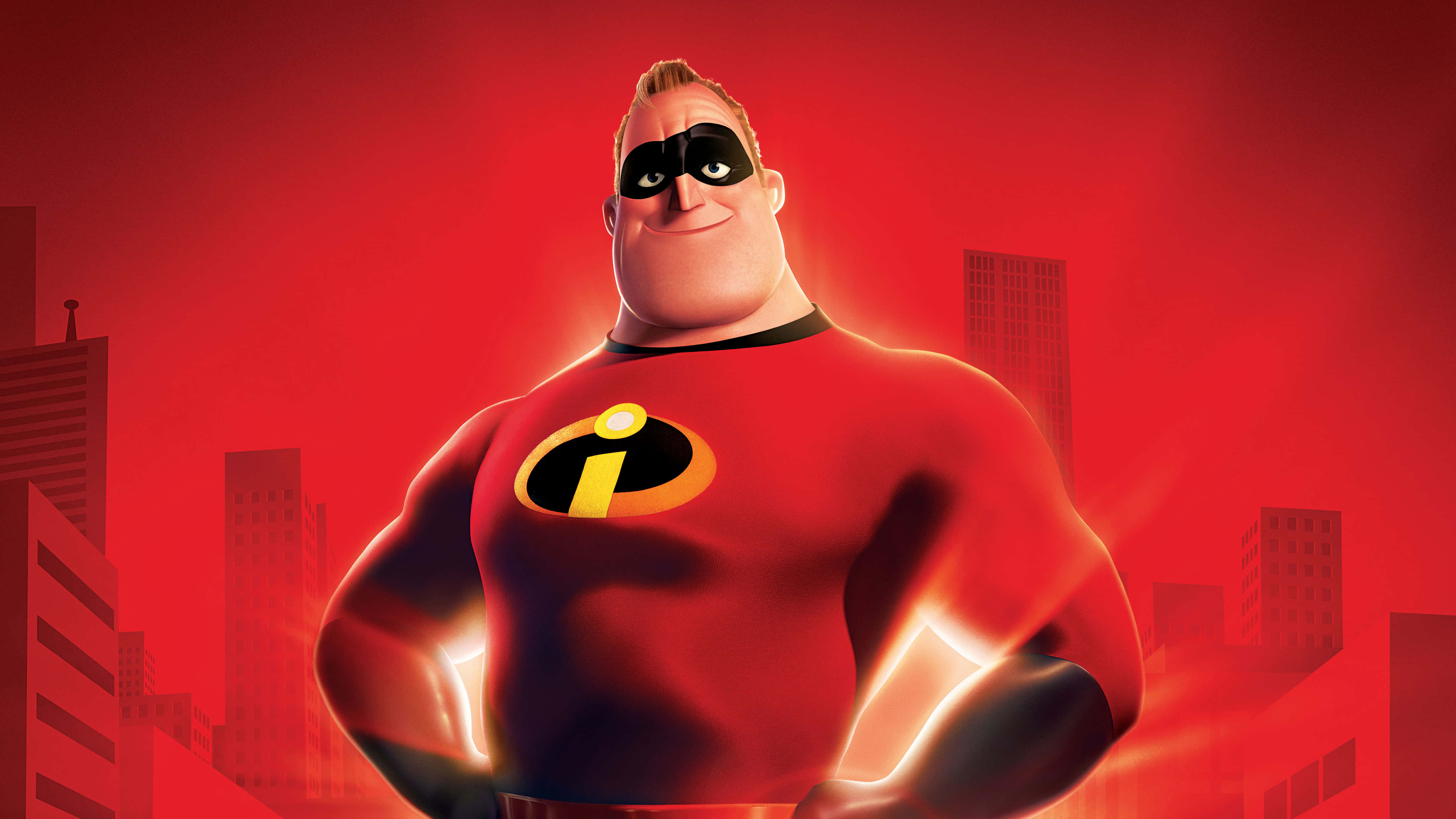 Mr Incredible 桌布 壁紙 — 一個肌肉發達的動畫超級英雄穿著紅色套裝，手臂發光，自信地站在紅色城市天際線前。