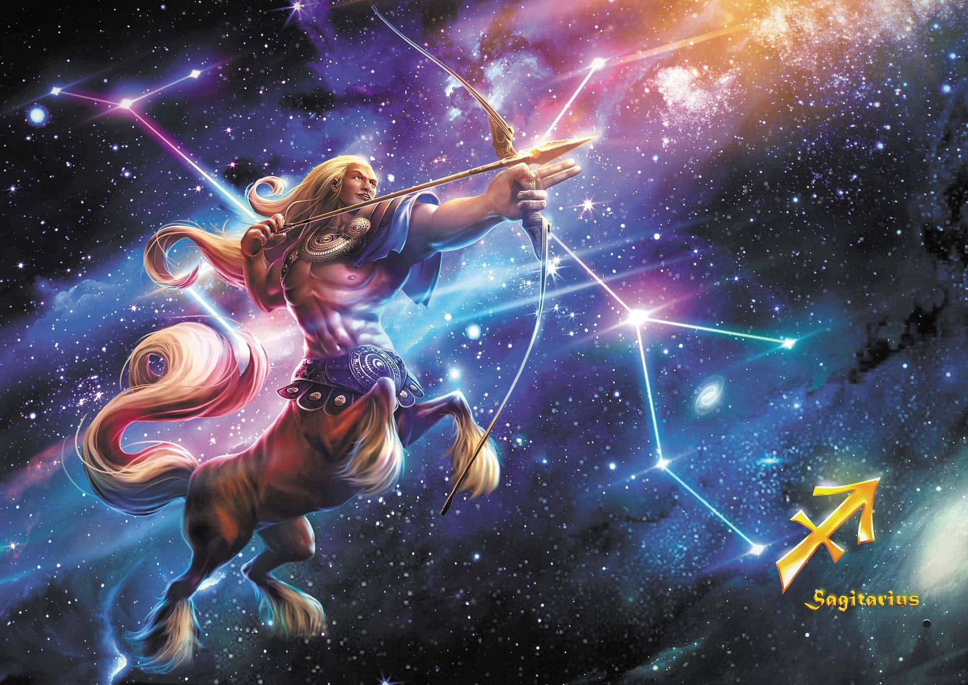 sagittarius 桌布 壁紙 — 一個肌肉發達的半人馬弓箭手，飄逸的金色頭髮，在充滿星星和星雲的鮮豔宇宙背景下瞄準發光的弓。