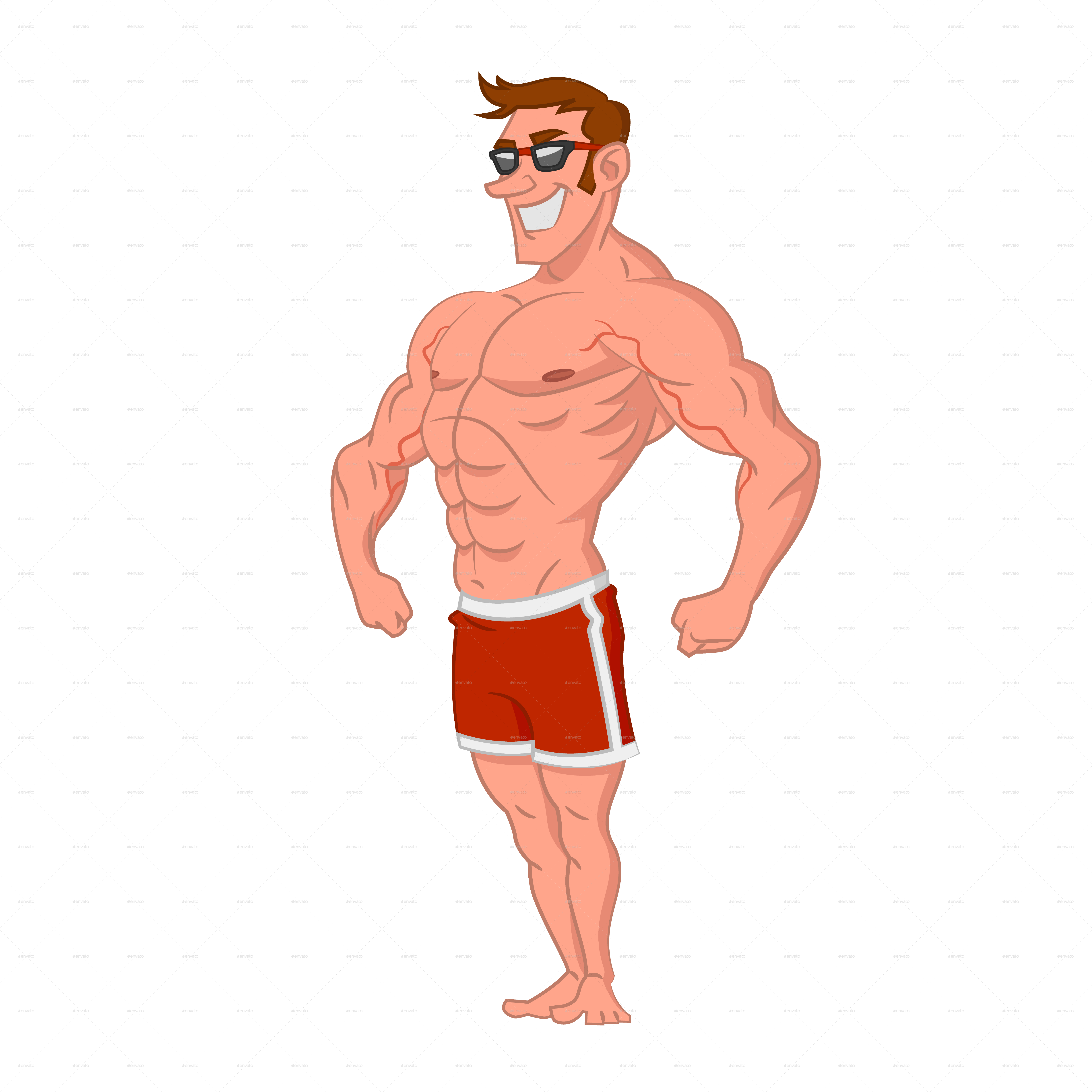 Fit 桌布 壁紙 — 一個肌肉發達的卡通男人，穿著紅色泳褲和太陽眼鏡，在黑色背景前自信地展示肌肉。