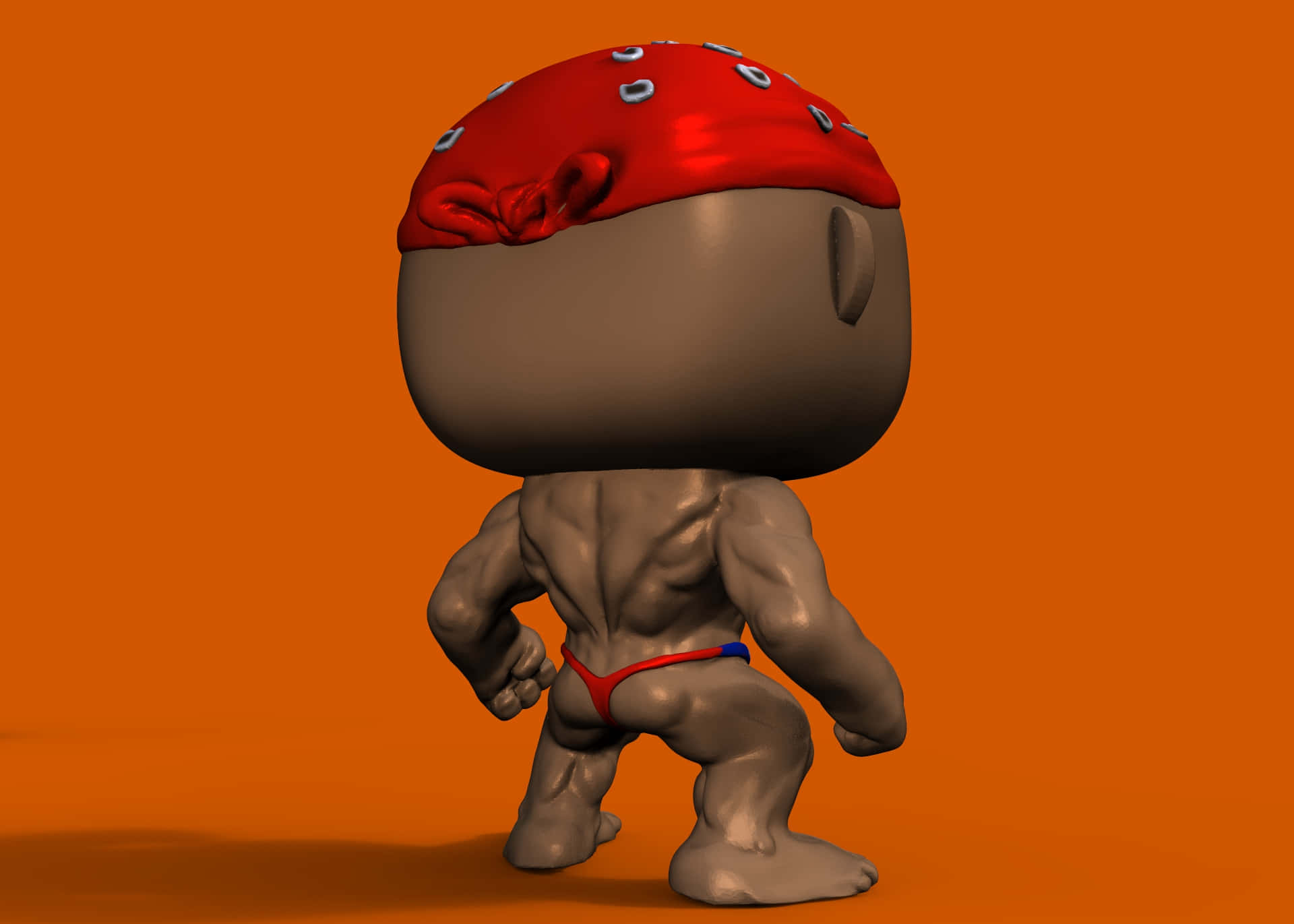 Funko Pop 桌布 壁紙 — 一個肌肉發達的卡通角色，戴著紅色頭巾和紅色丁字褲，自信地站在純橙色背景前。