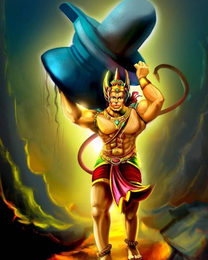 lord hanuman HD 桌布 壁紙 — 一個肌肉發達的印度教神祇，擁有猴臉和尾巴，在發光的黃色和綠色宇宙背景下舉起一個巨大的藍色狼牙棒。