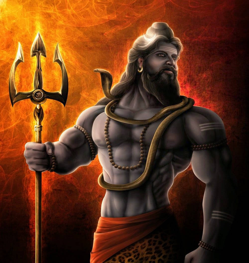 Mahadev 4K HD 桌布 壁紙 — 一個肌肉發達的印度教神祇，脖子上纏著一條蛇，手持發光的三叉戟，背景是熾熱的橙色和紅色。