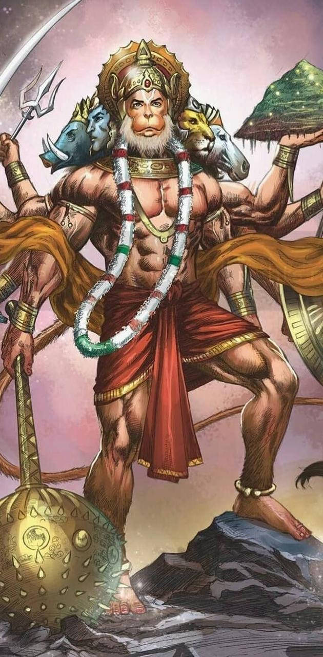 hanuman art 桌布 壁紙 — 一個肌肉發達的多臂猴神站在岩石頂峰，手持武器和一座山，飾有珠寶和花環，背景是星空。