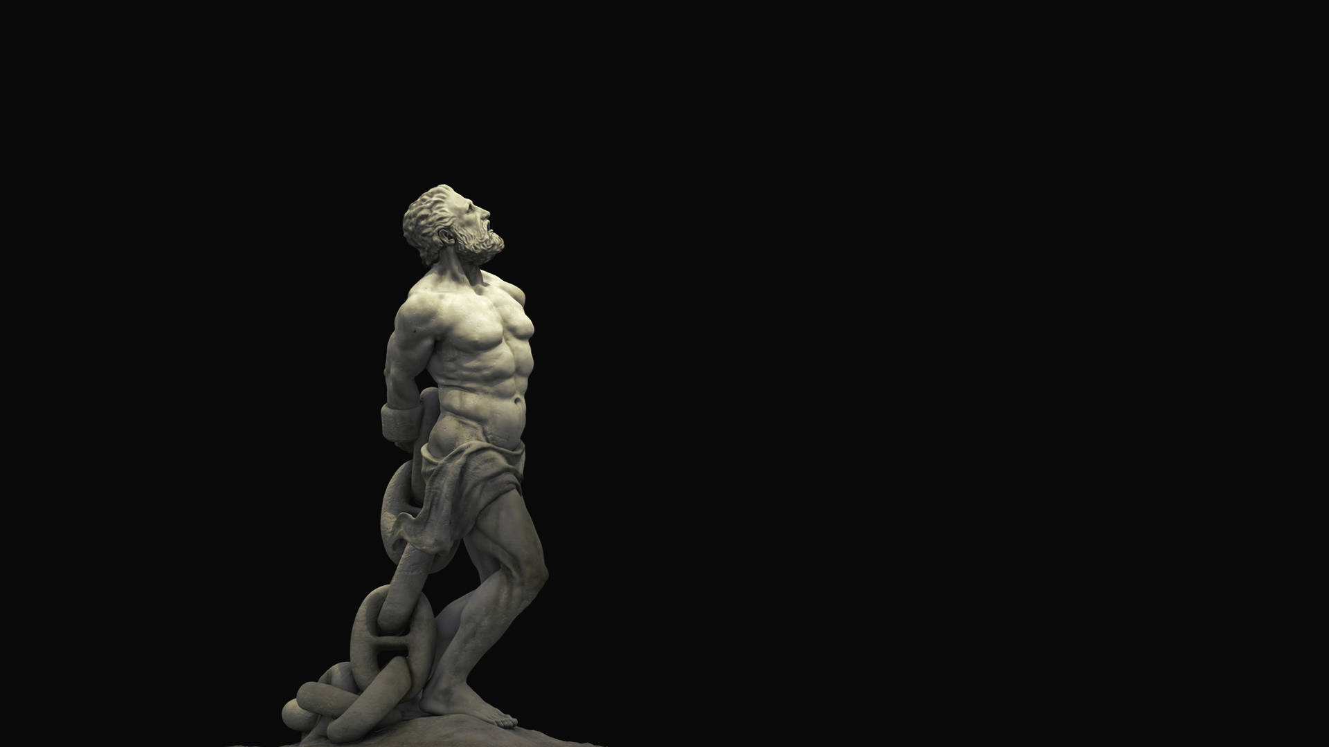 Statue Aesthetic 桌布 壁紙 — 一個肌肉發達的大理石雕像，描繪一位留鬍鬚的男子，以古典姿態站在純黑背景前。