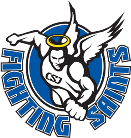 Saints Logo 桌布 壁紙 — 一個肌肉發達的天使，帶有翅膀和光環，擺出戰鬥姿勢，周圍環繞著藍色圓形文字「Fighting Saints」。
