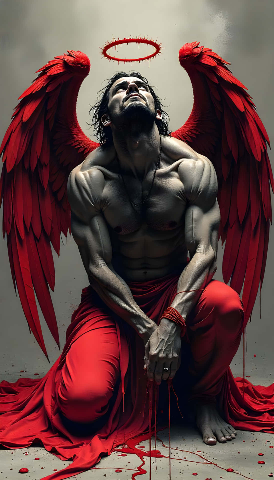Bound in Despair 壁紙 — 一個肌肉發達的天使，擁有深紅色的翅膀，跪在血泊中，破碎的光環在他的頭頂滴落。