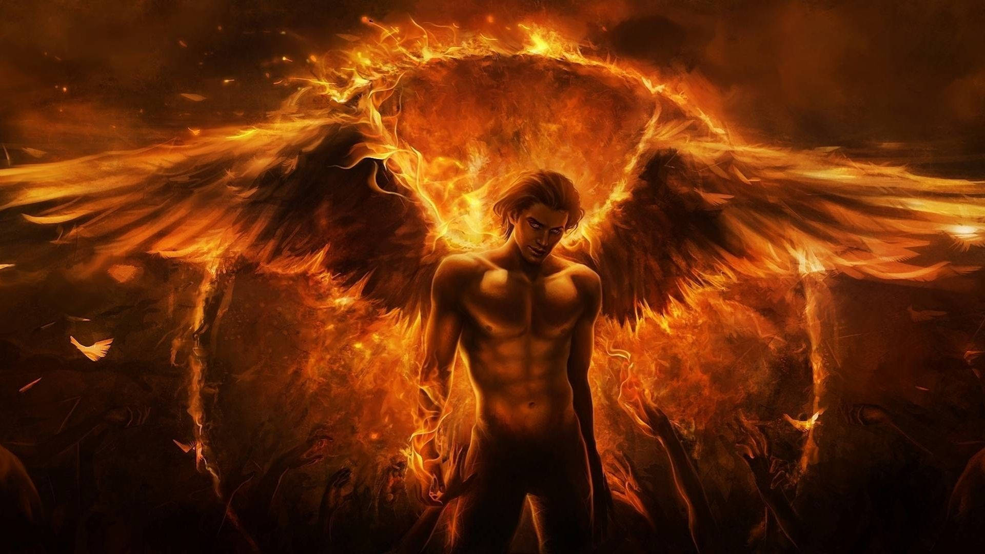 惡魔 桌布 壁紙 — 一個肌肉發達的天使，擁有火焰翅膀，站在火焰中，場景黑暗而戲劇化。