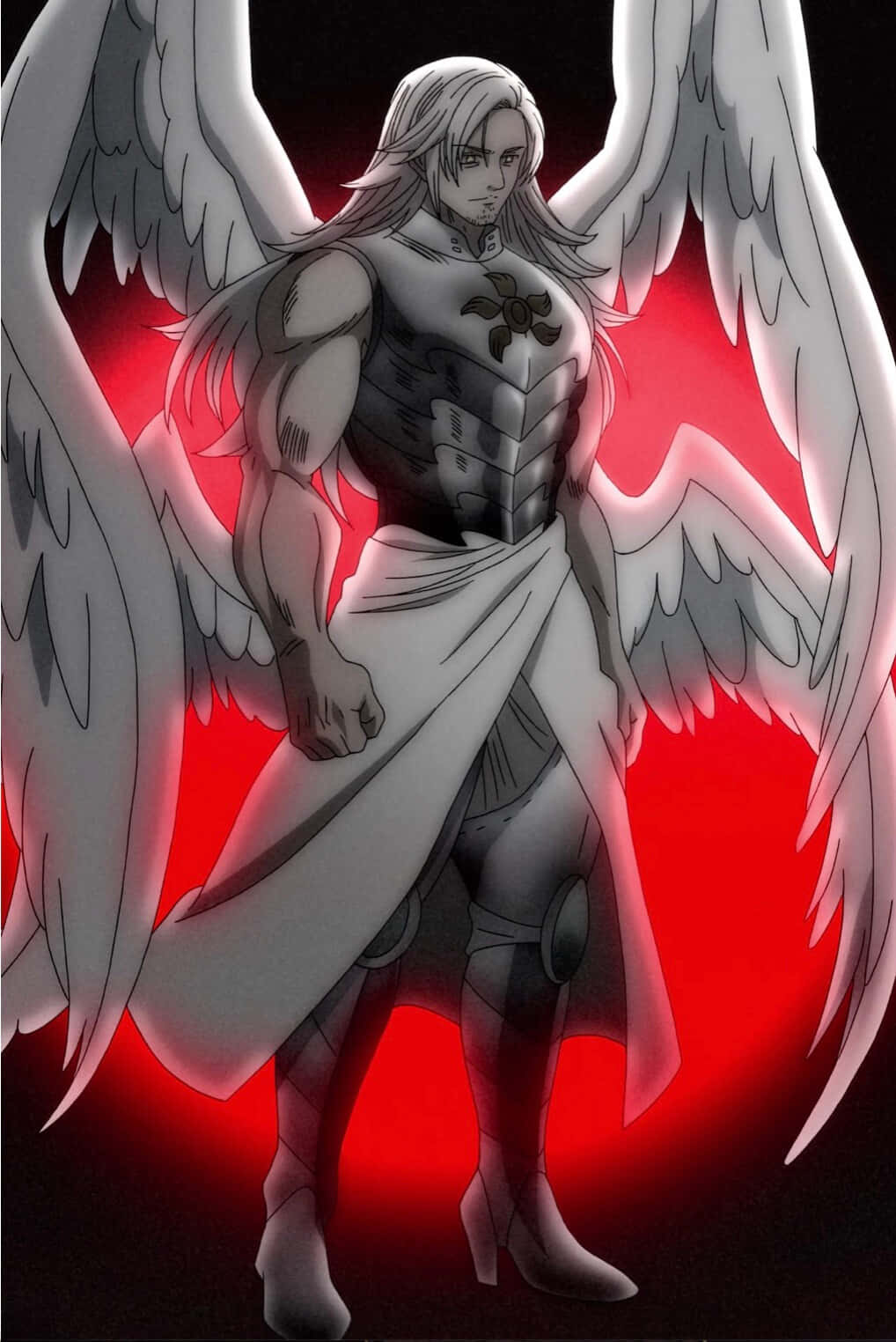 Seven Deadly Sins Mael 桌布 壁紙 — 一個肌肉發達的天使，長長銀髮和巨大白色翅膀，站在發光的紅色背景前，動漫風格。