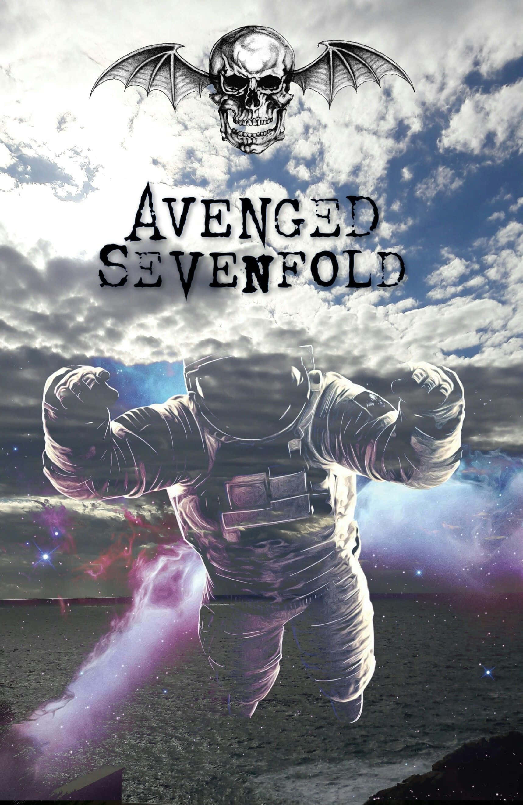 avenged sevenfold 桌布 壁紙 — 一個肌肉發達的太空人穿著太空衣，漂浮在宇宙星雲之上，上方有一個蝙蝠翅膀骷髏標誌，背景是多雲的天空。