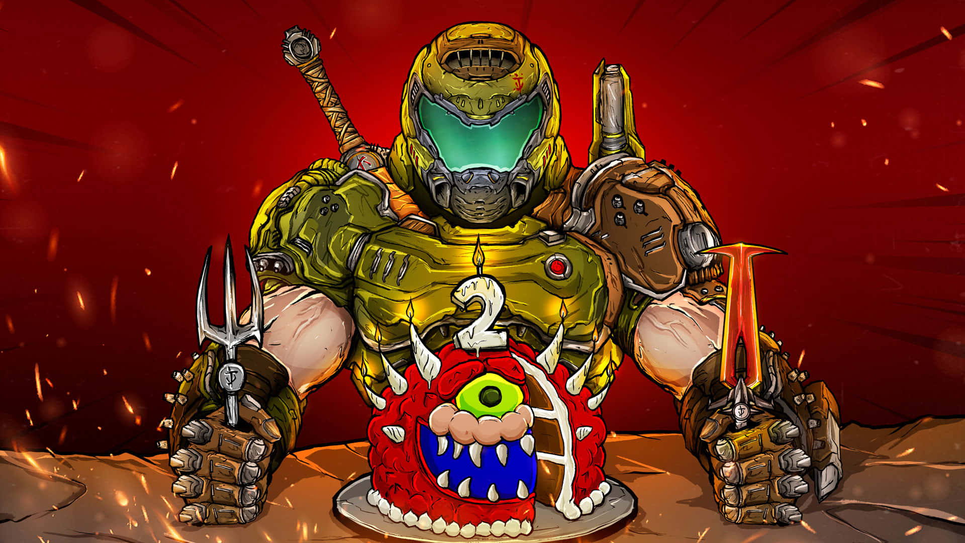 Doom Eternal HD 桌布 壁紙 — 一個肌肉發達的太空戰士身穿金色盔甲，手持武器，站在一個有綠色眼睛和牙齒的怪獸蛋糕前。