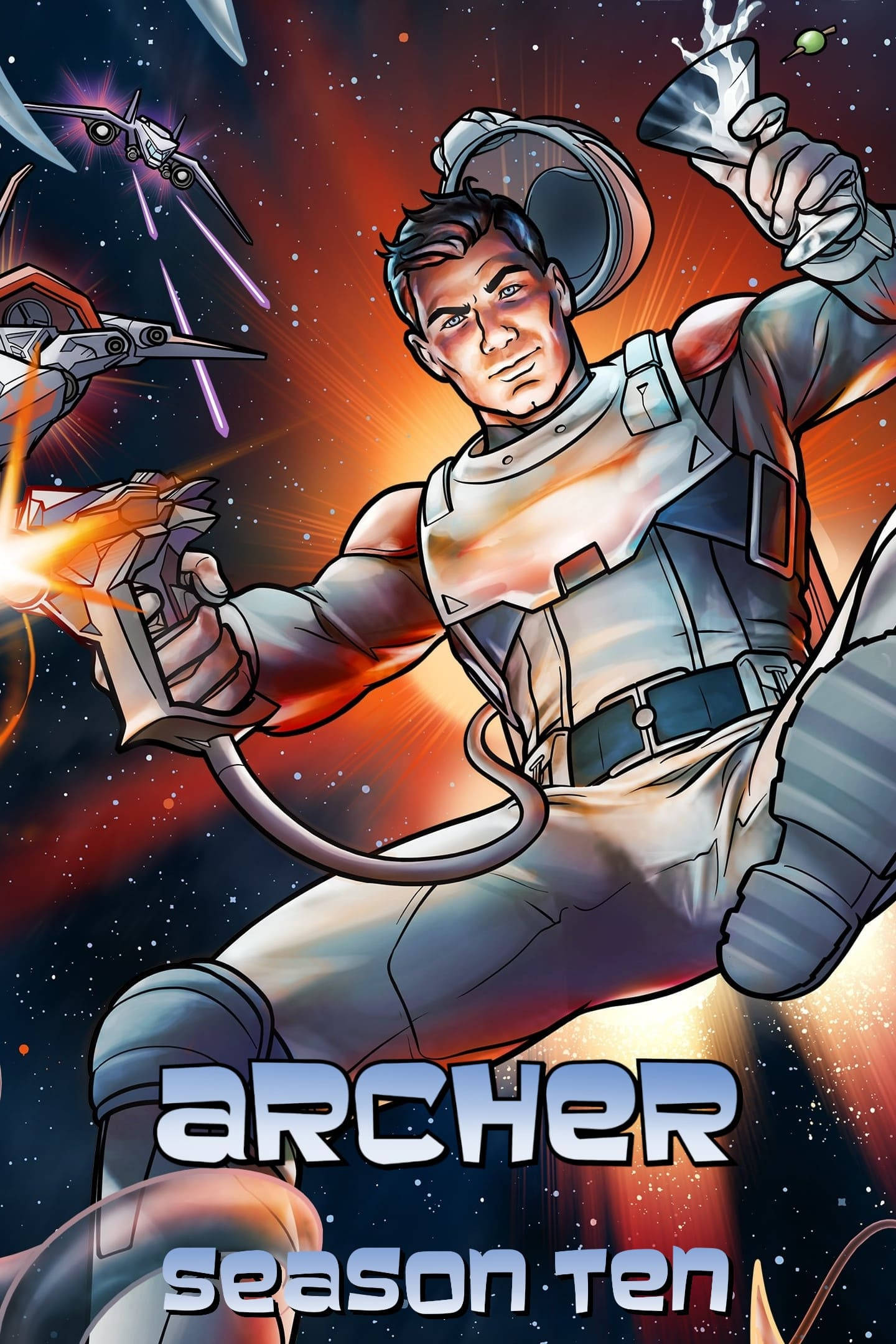 archer 桌布 壁紙 — 一個肌肉發達的太空牛仔穿著未來主義套裝，在充滿星星的星雲中漂浮，發射爆能槍，背景有戰鬥機。