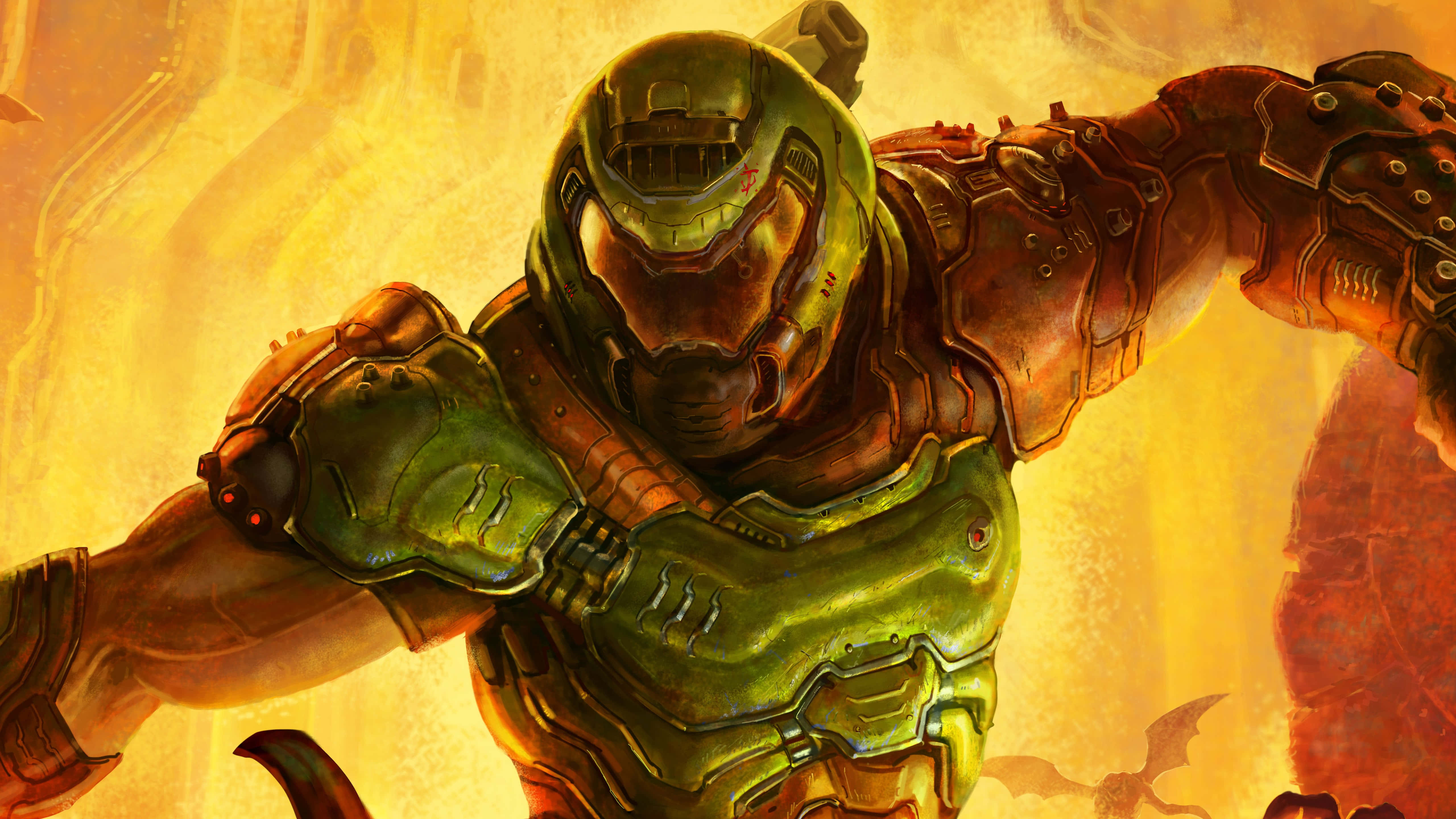 Doom Slayer 桌布 壁紙 — 一個肌肉發達的太空陸戰隊員，身穿綠色和橙色裝甲，在熾熱的橙色和黃色背景下向前衝鋒。