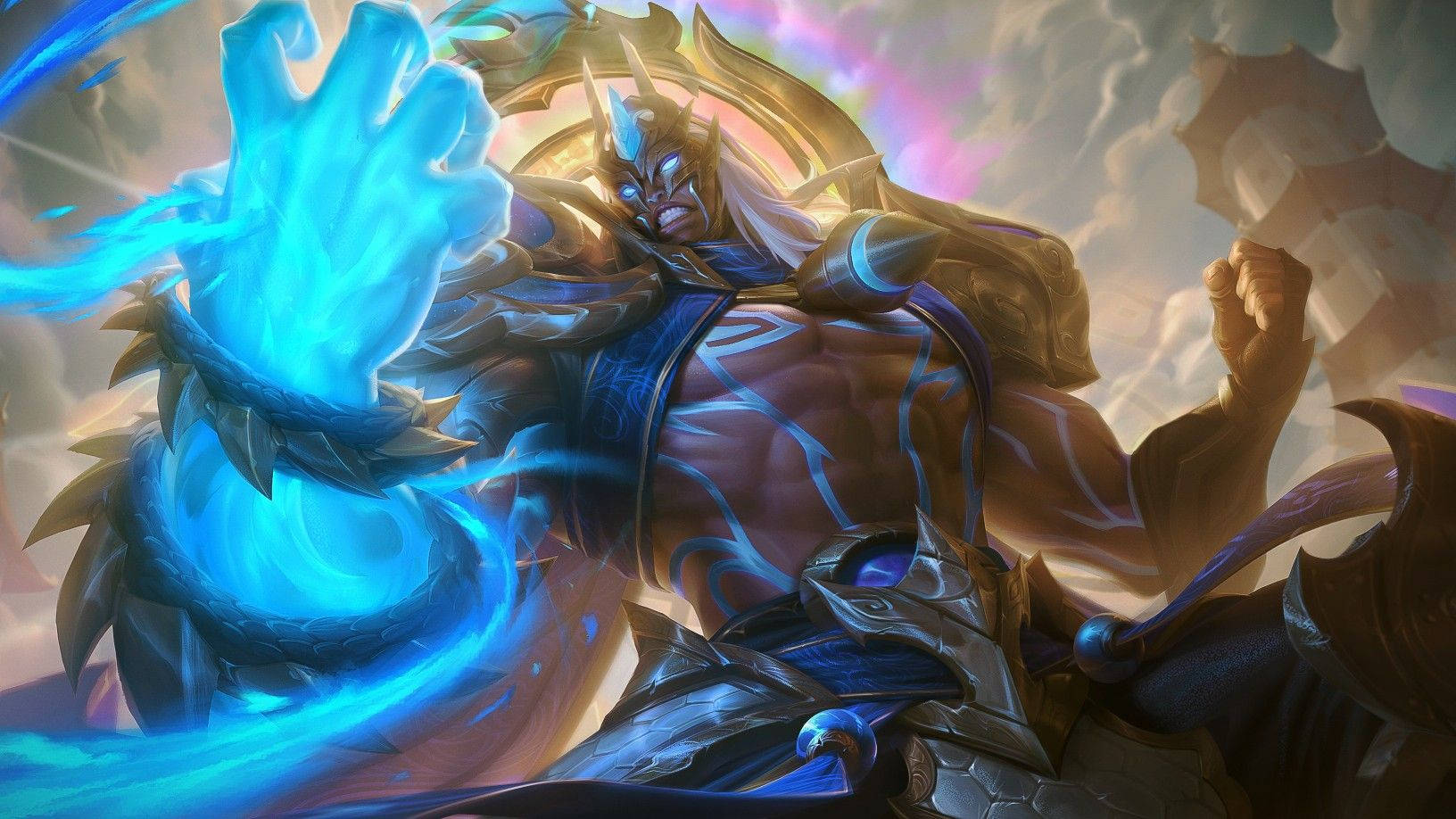 Mobile Legends 動態圖 桌布 壁紙 — 一個肌肉發達的奇幻戰士，擁有發光的藍色能量之手和華麗的盔甲，在暴風雨的天空下強有力地站立。