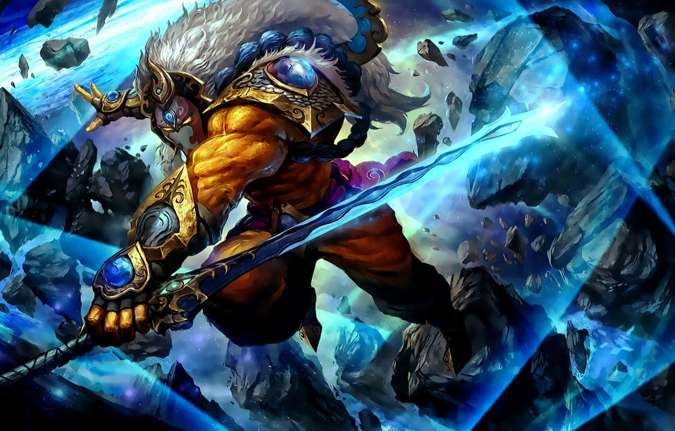 電玩遊戲 桌布 壁紙 — 一個肌肉發達的奇幻戰士，白髮金甲，在宇宙場景中揮舞著發光的藍色劍，周圍有漂浮的岩石。