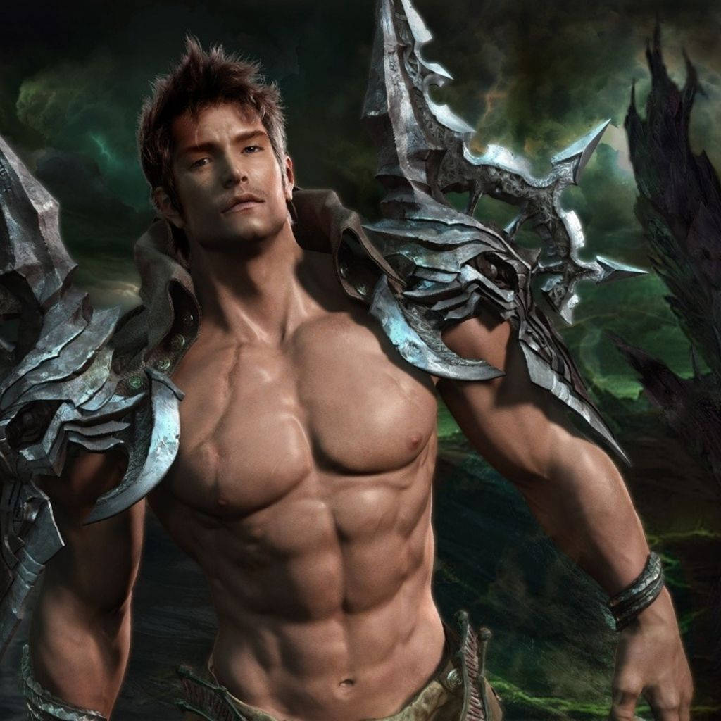 電玩遊戲 桌布 壁紙 — 一個肌肉發達的奇幻戰士，身穿精緻盔甲，自信地站在黑暗神秘森林的背景前。