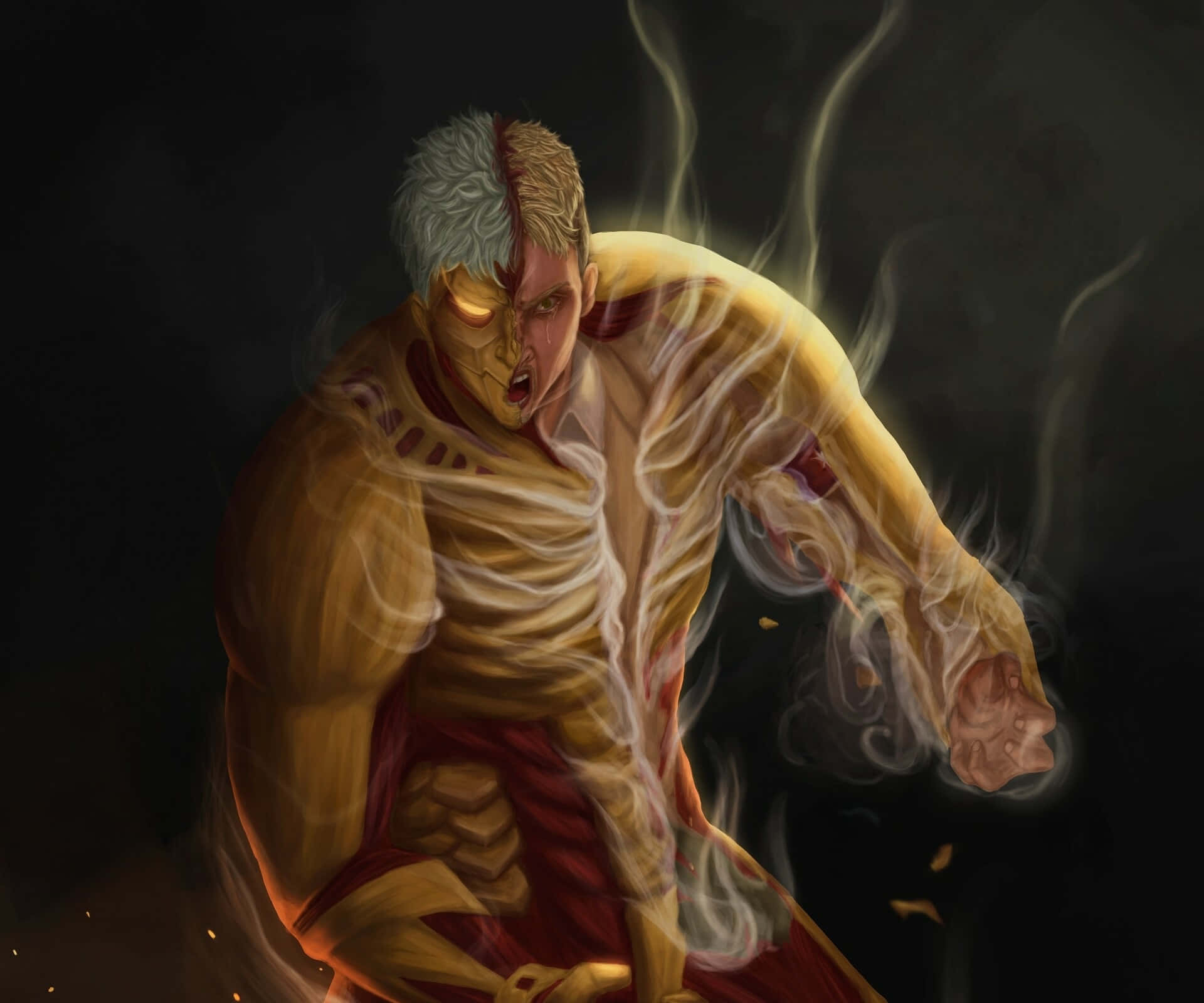 Armored Titan 桌布 壁紙 — 一個肌肉發達的巨人，半人半盔甲的身體在黑暗背景下發出發光的蒸汽。