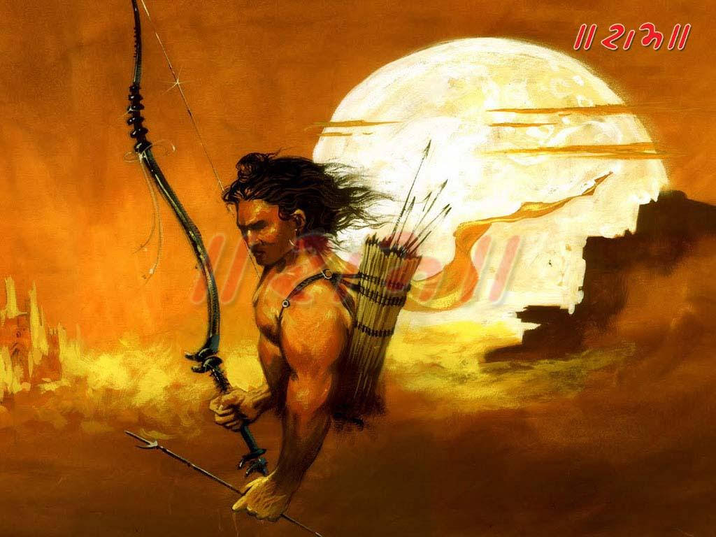 jai shri ram 桌布 壁紙 — 一個肌肉發達的弓箭手，背著箭袋，在熾熱的橙色天空下，身後有一輪巨大的發光月亮，擺出準備姿勢。
