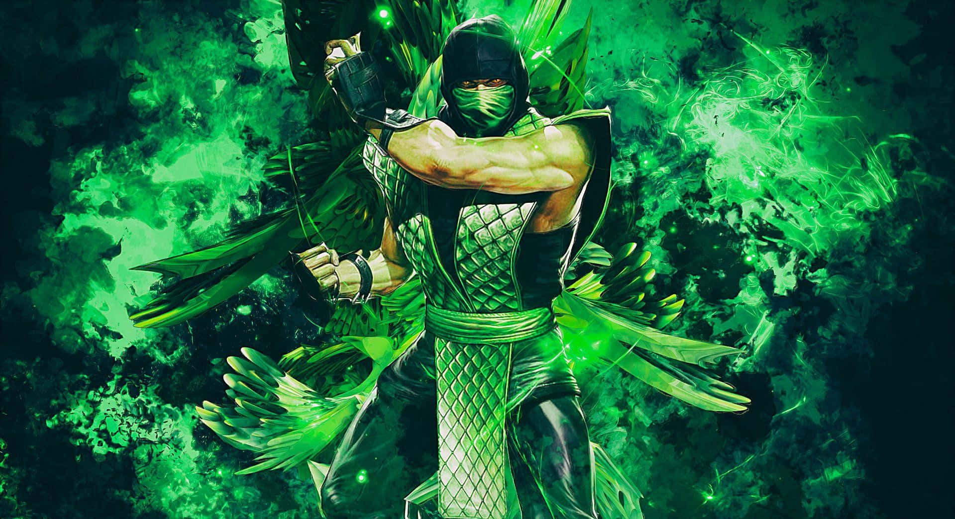 Mortal Kombat Reptile 桌布 壁紙 — 一個肌肉發達的忍者，身穿綠色盔甲和面具，在旋轉的綠色能量和羽毛般的效果中擺出強有力的姿勢。