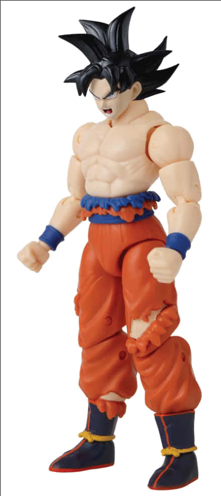 Goku Dragon Ball Super 桌布 壁紙 — 一個肌肉發達的悟空動漫動作人偶，身穿標誌性的橙色道服，帶有藍色點綴和尖刺黑髮，在白色背景前動態擺姿勢。
