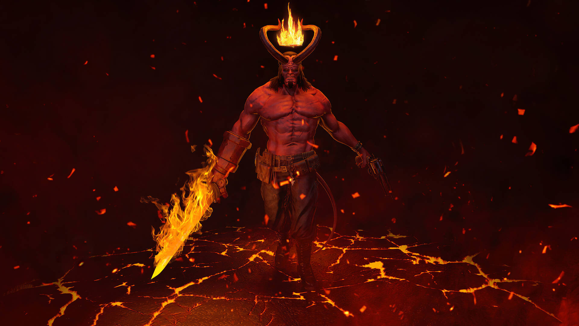 一個火熱的惡魔戰士，長著火焰角和劍，站在裂開的熔岩地面上。 — 惡魔 壁紙