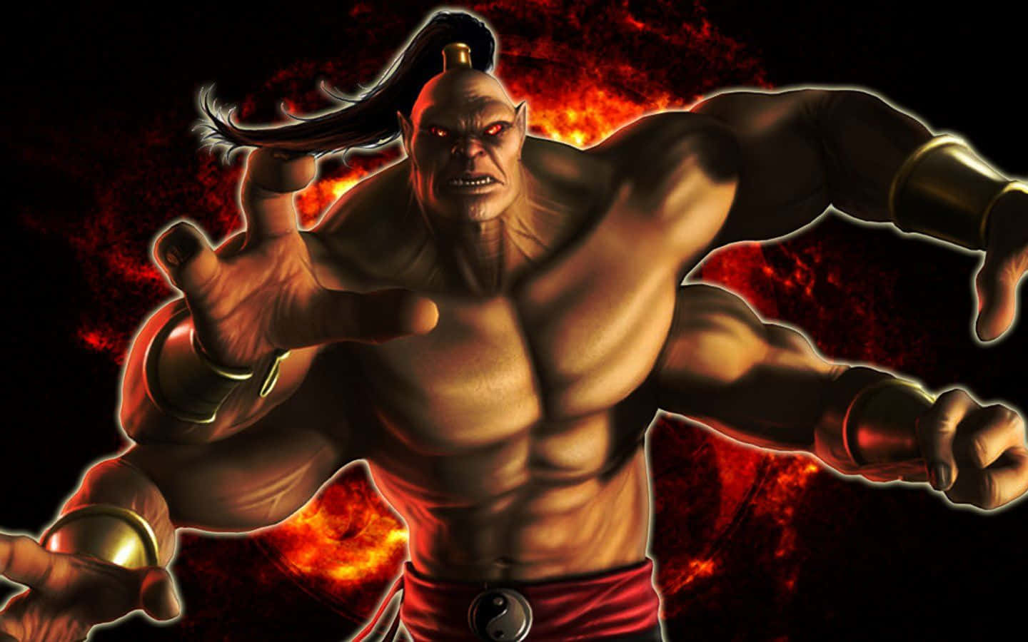 Mortal Kombat Goro 桌布 壁紙 — 一個肌肉發達的惡魔戰士，擁有發光的紅色眼睛和熾熱的背景，以動態姿勢攻擊。