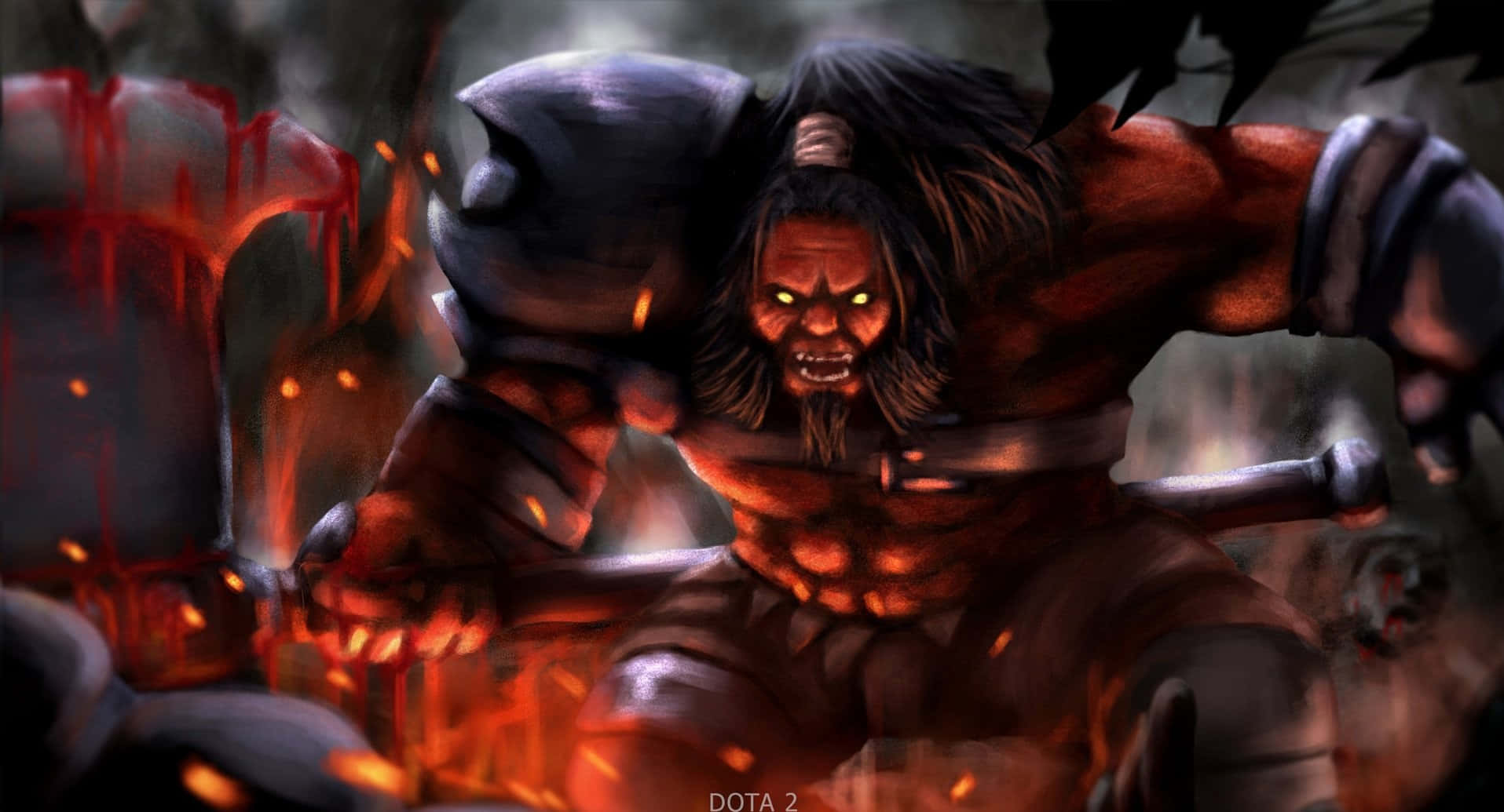 dota 2 4K 桌布 壁紙 — 一個肌肉發達的惡魔戰士，眼睛發光，周圍火焰環繞，在黑暗奇幻戰鬥場景中向前衝鋒。