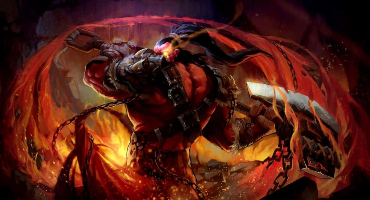 dota 2 4K 桌布 壁紙 — 一個肌肉發達的惡魔戰士，眼睛發光，在黑暗的地獄環境中揮舞著火焰錘，周圍環繞著旋轉的火焰鎖鏈。