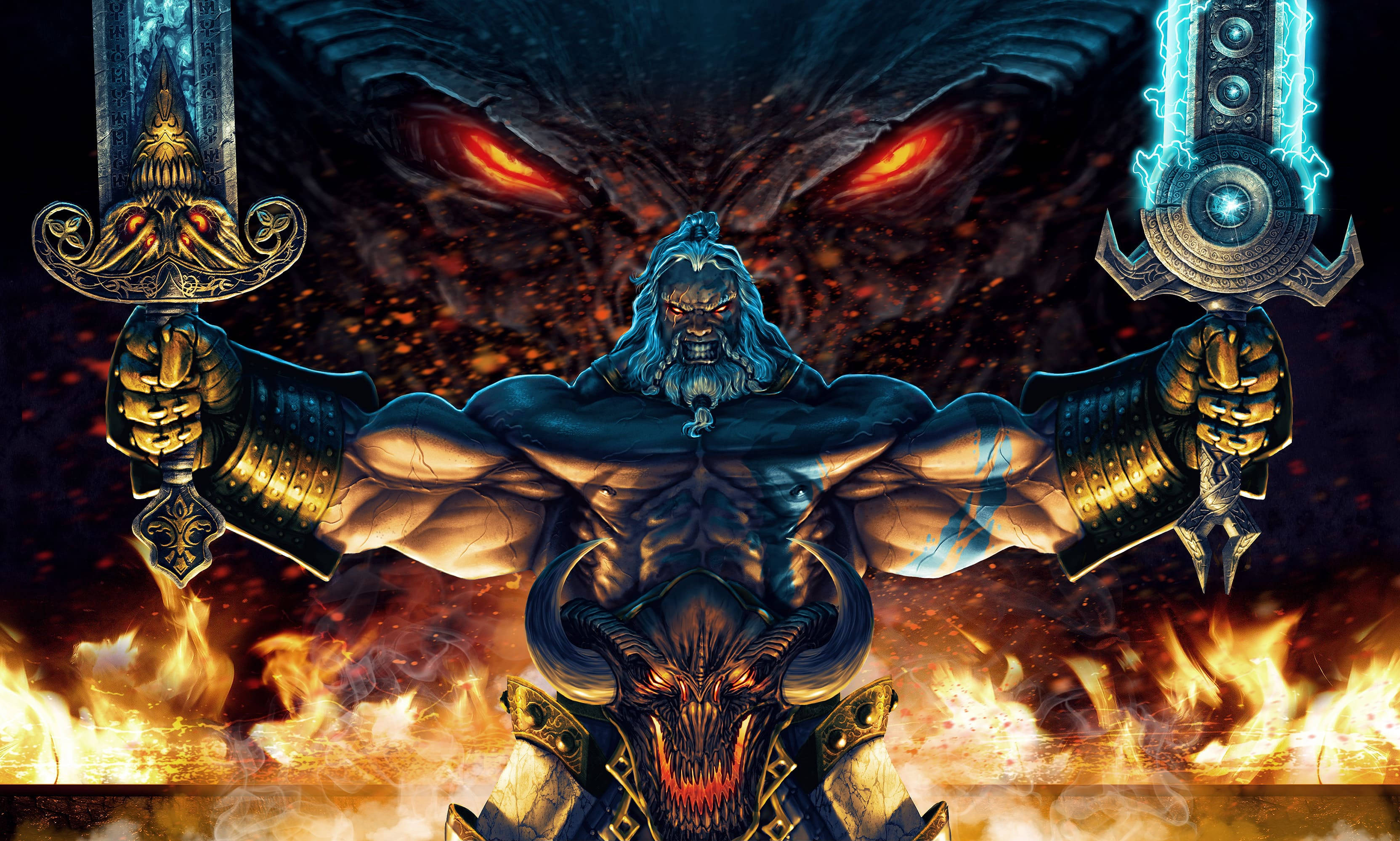 Diablo 3 桌布 壁紙 — 一個肌肉發達的惡魔戰士，眼睛發出紅光，揮舞著華麗的劍，背景是火焰，上方有一個怪物面孔。