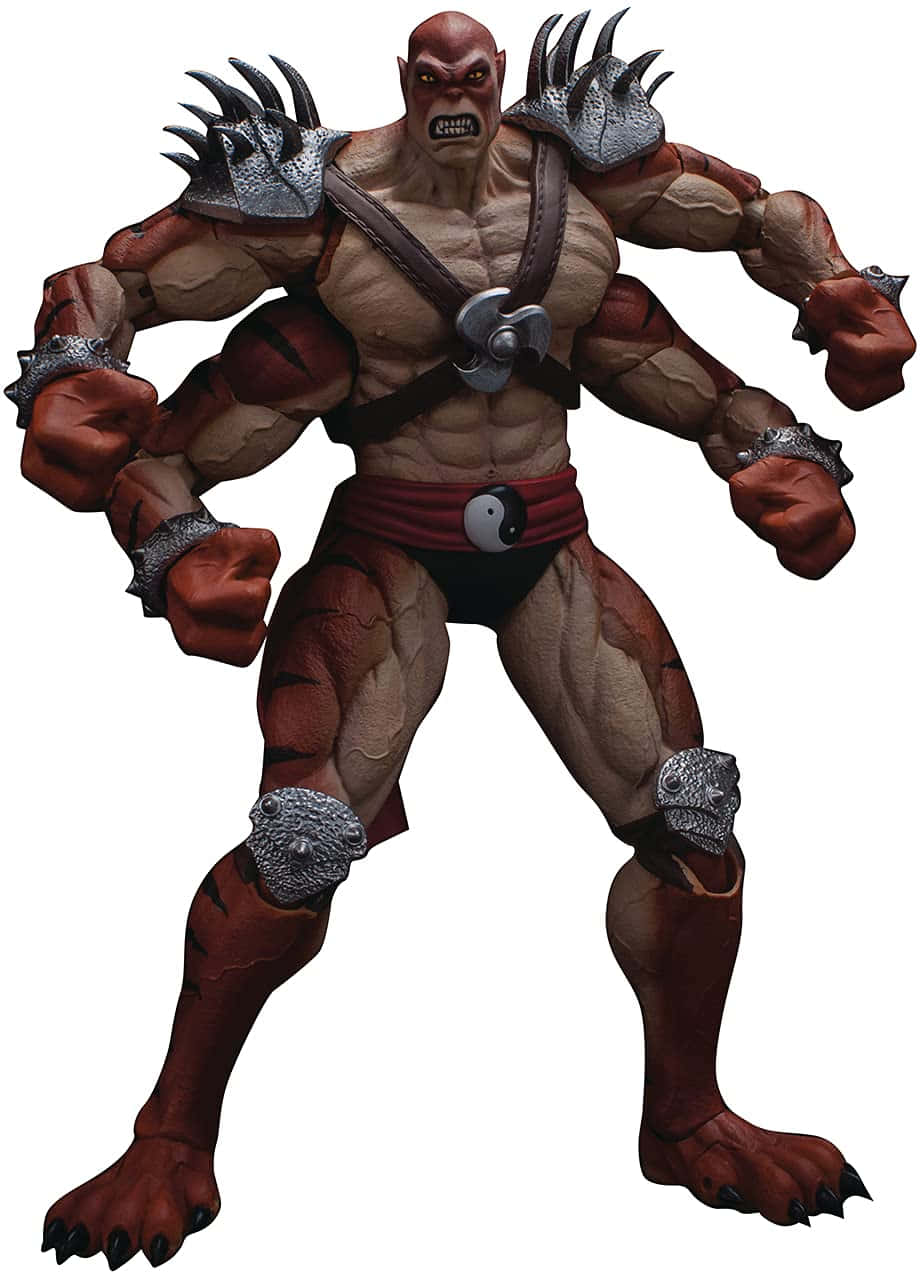 Mortal Kombat Kintaro 桌布 壁紙 — 一個肌肉發達的惡魔戰士，身穿尖刺盔甲和陰陽腰帶，擺出兇猛的戰鬥姿勢。