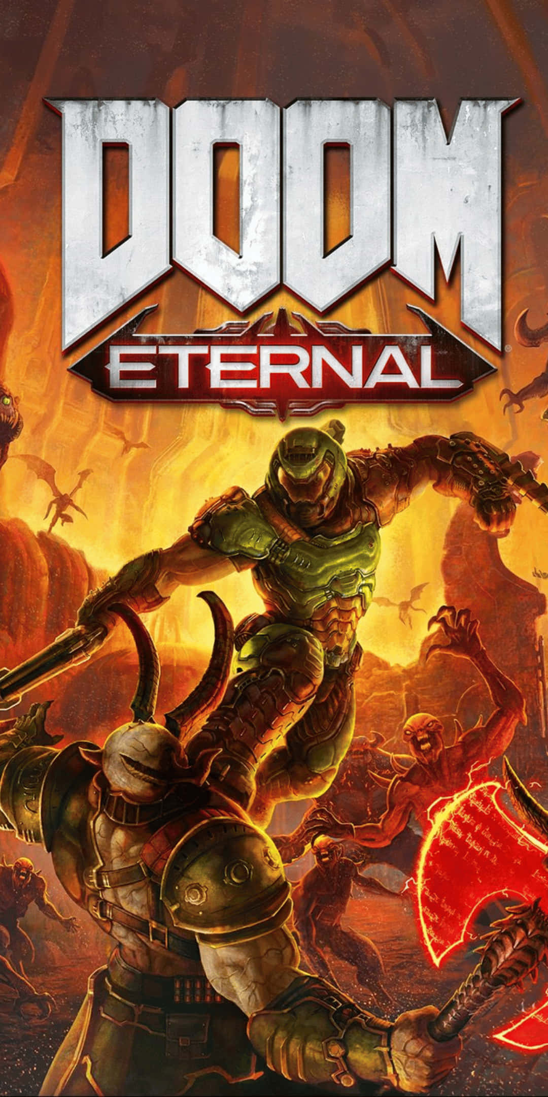 Pixel 3 Doom 桌布 壁紙 — 一個肌肉發達的惡魔獵人穿著綠色盔甲，在熾熱的橙色和紅色火焰中與地獄生物戰鬥。