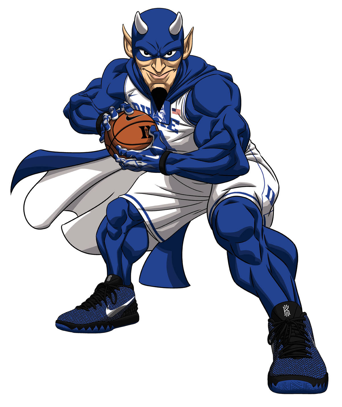 Duke Blue Devils 桌布 壁紙 — 一個肌肉發達的惡魔籃球運動員穿著藍白 Duke 裝備蹲下準備運球。