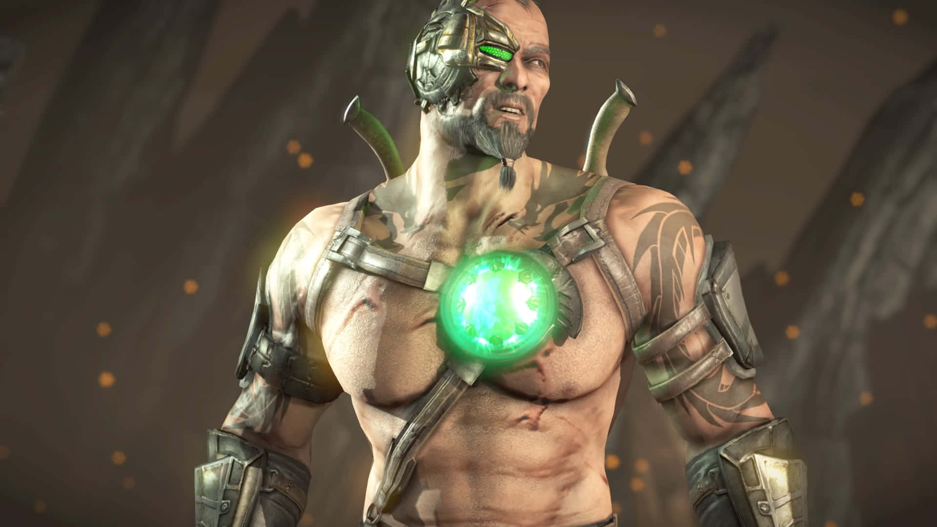 Mortal Kombat Kano 桌布 壁紙 — 一個肌肉發達的戰士，帶有賽博增強裝置和發光的綠色胸部球體，站在黑暗的岩石環境中。