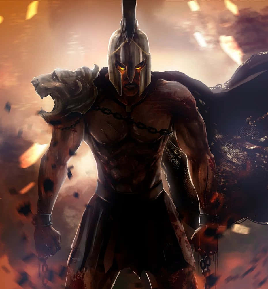 Warrior 桌布 壁紙 — 一個肌肉發達的戰士，戴著尖刺頭盔和獅頭盔甲，挑釁地站在燃燒的碎片和發光的餘燼中。