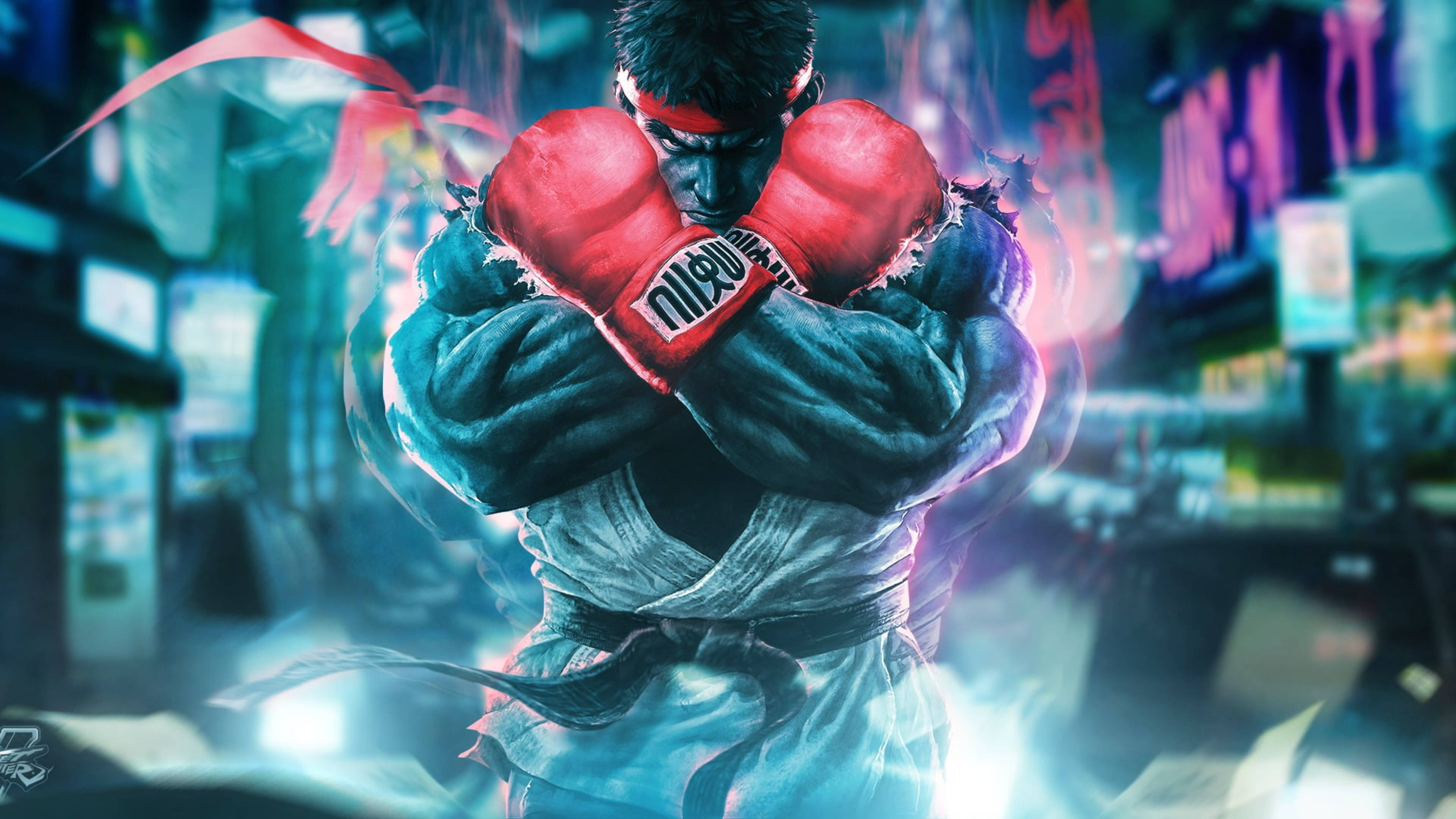 Capcom 桌布 壁紙 — 一個肌肉發達的戰士，戴著紅色手套，穿著白色道服，準備在霓虹燈照亮的小巷中，散發著電藍色和粉紅色的光芒。