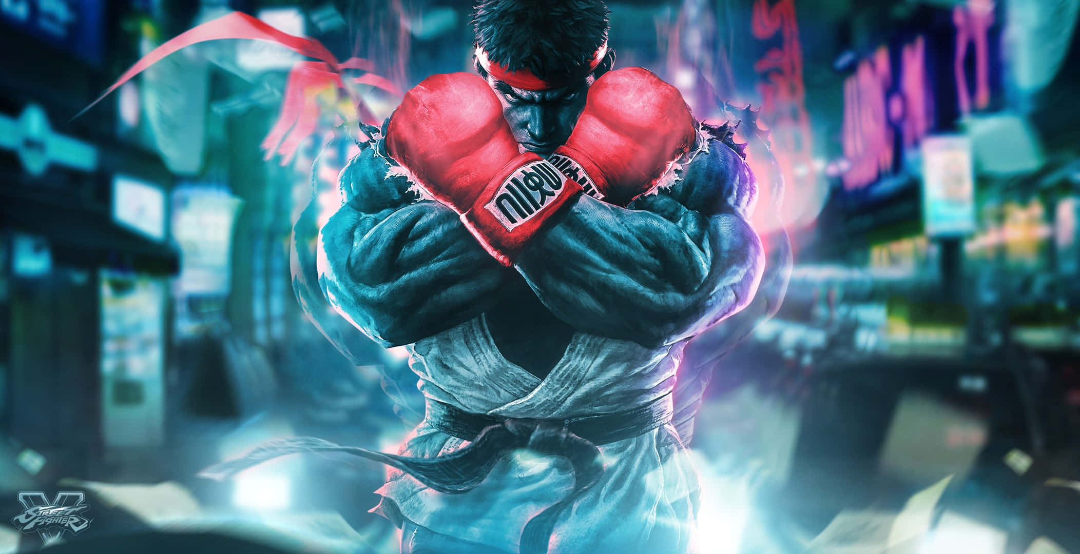 Street Fighter Characters 桌布 壁紙 — 一個肌肉發達的戰士，戴著紅色拳擊手套，穿著白色道服，在夜晚霓虹燈照亮的城市小巷中準備就緒。