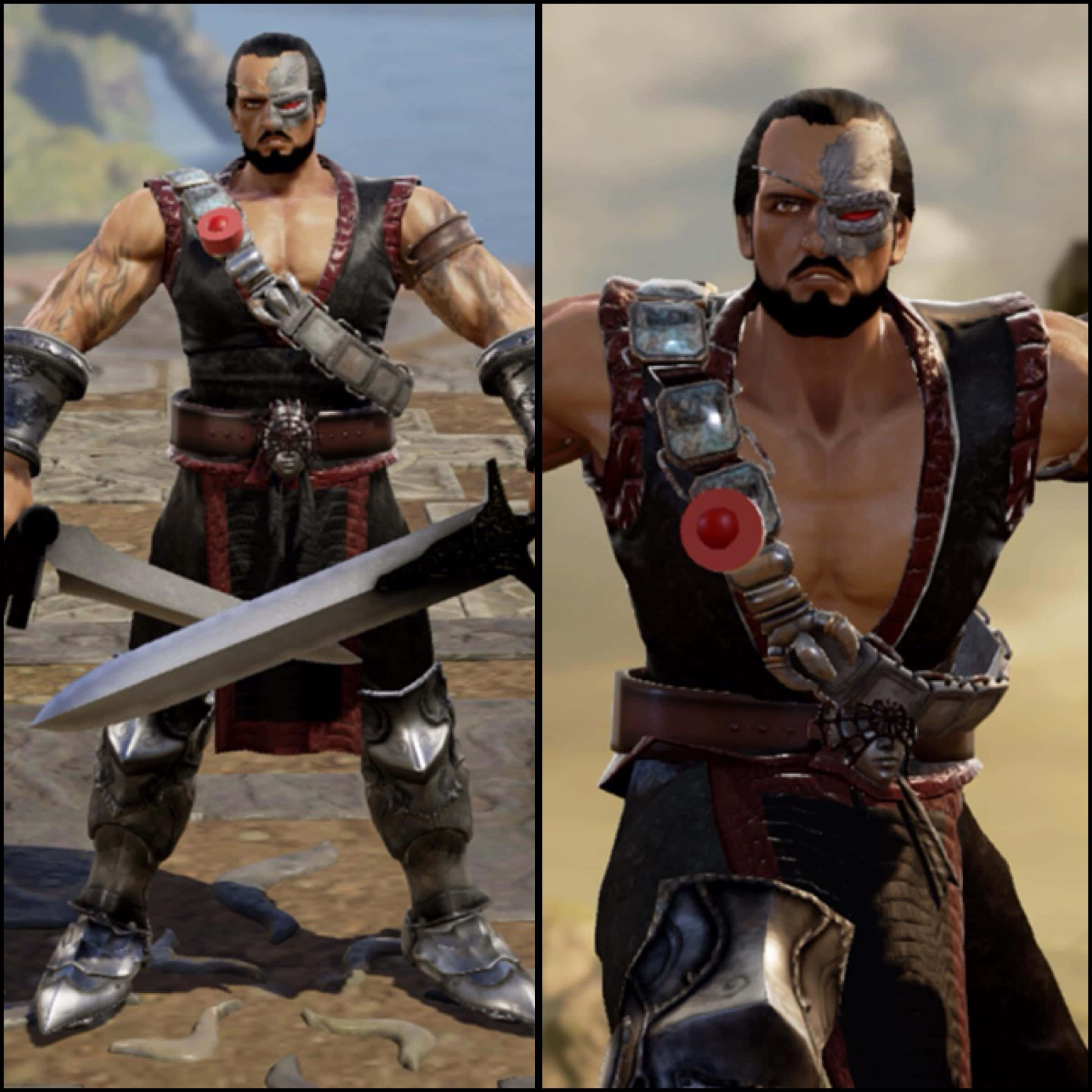 Mortal Kombat Kano 桌布 壁紙 — 一個肌肉發達的戰士，擁有機械眼和雙劍，站在沙漠景觀中，穿著帶有紅色點綴的黑色盔甲。