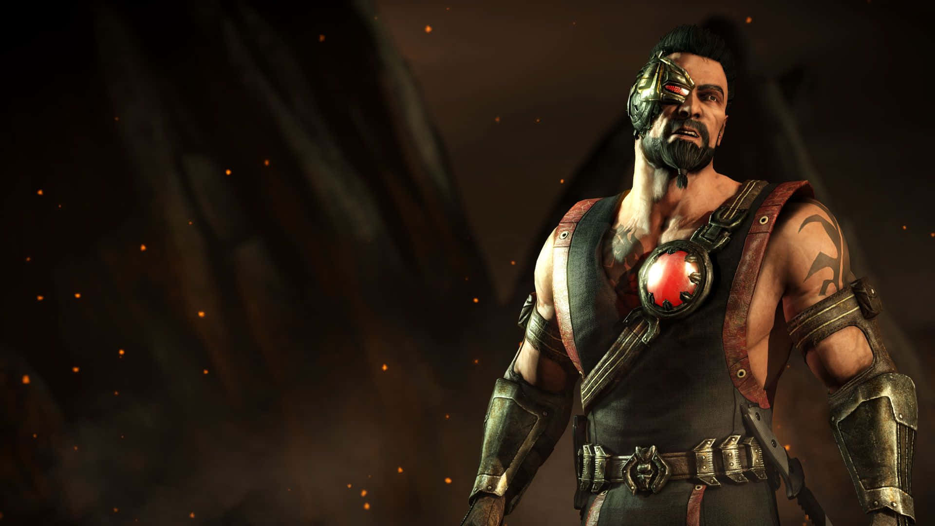 Mortal Kombat Kano 桌布 壁紙 — 一個肌肉發達的戰士，擁有機械眼和紅色發光的胸部標誌，站在一個黑暗煙霧瀰漫、漂浮著餘燼的環境中。
