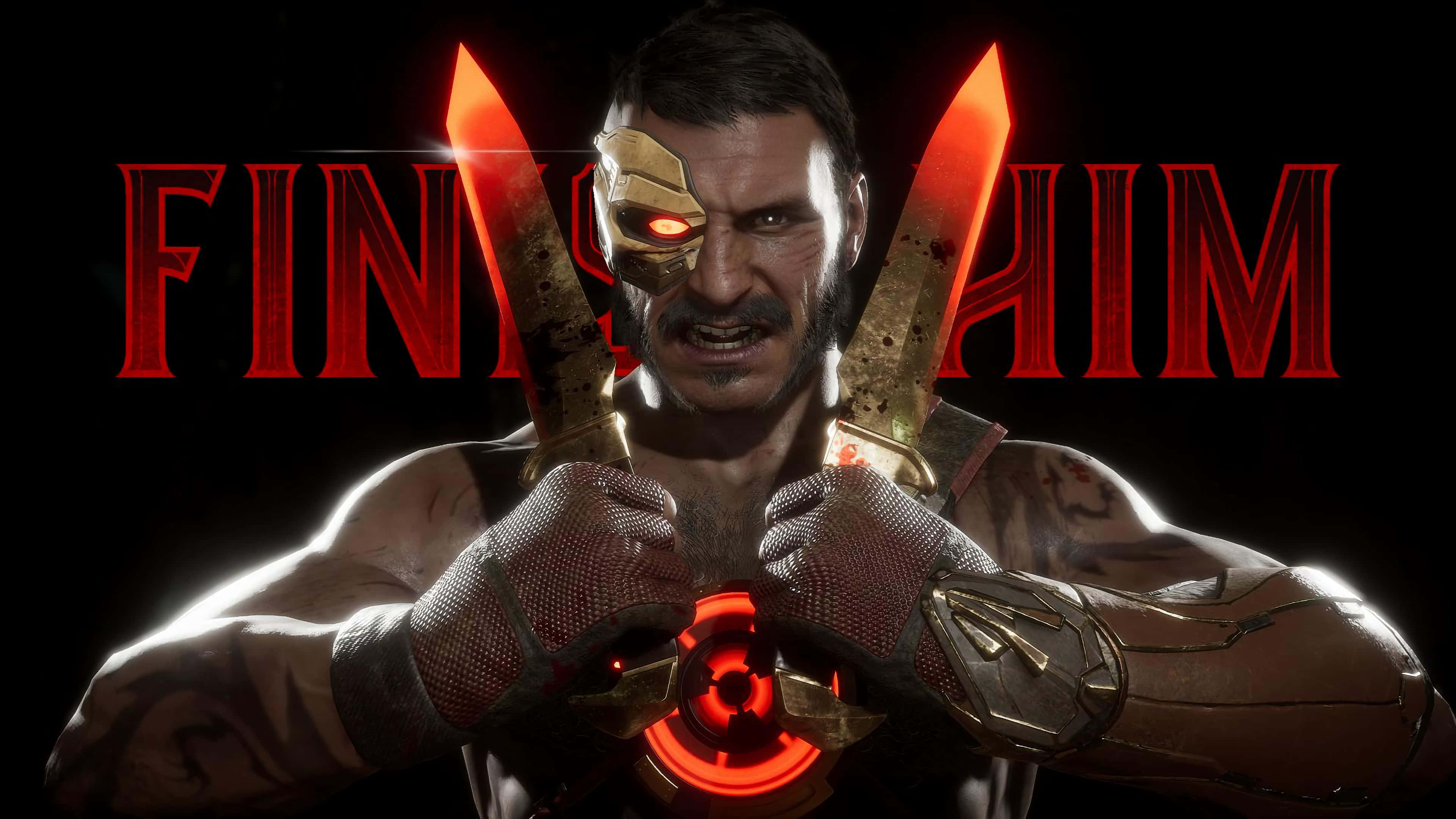 Mortal Kombat Kano 桌布 壁紙 — 一個肌肉發達的戰士，擁有發光的紅色眼睛和雙刃，抓住一個發光的紅色球體，背景為黑色，帶有粗體紅色文字。