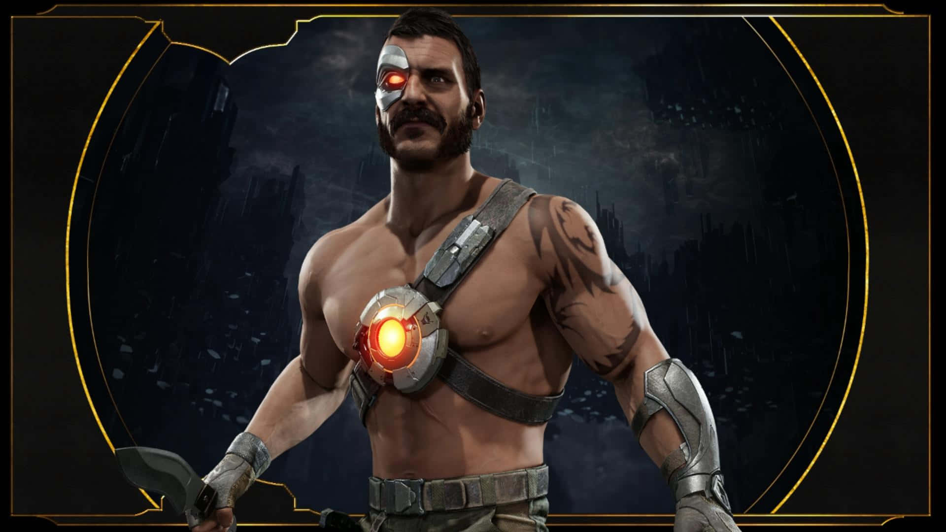 Mortal Kombat Kano 桌布 壁紙 — 一個肌肉發達的戰士，擁有發光的紅色電子眼和胸甲，站在一個由金色拱門框住的黑暗未來城市景觀中。