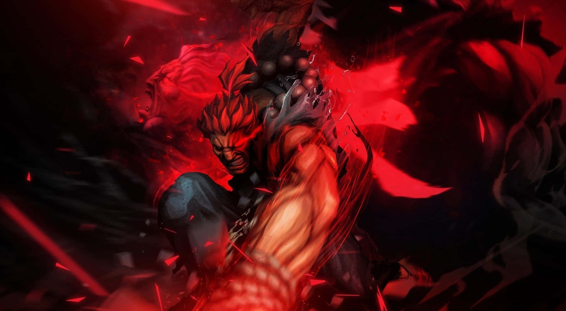 動漫男孩 桌布 壁紙 — 一個肌肉發達的戰士，擁有發光的紅色眼睛和尖刺頭髮，在紅色能量和碎片的風暴中咆哮。