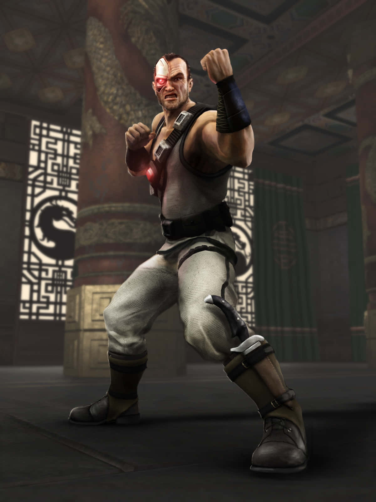 Mortal Kombat Kano 桌布 壁紙 — 一個肌肉發達的戰士，有著紅色發光的眼睛和機械手臂，在裝飾華麗的寺廟內擺出武術姿勢。
