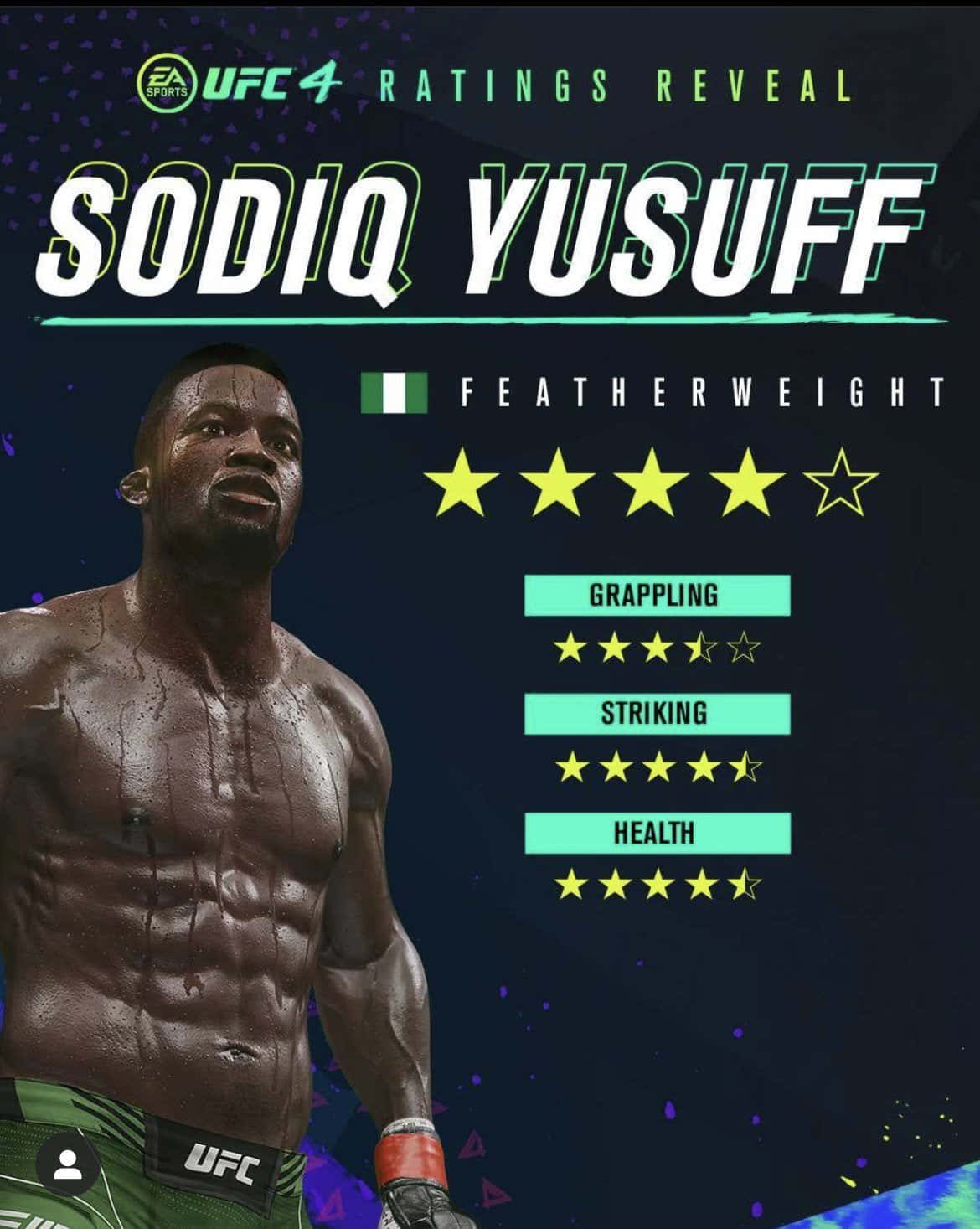 MMA 桌布 壁紙 — 一個肌肉發達的戰士，汗水從他的軀幹滴下，自信地站在黑暗背景前，帶有發光的 UFC 4 統計數據。