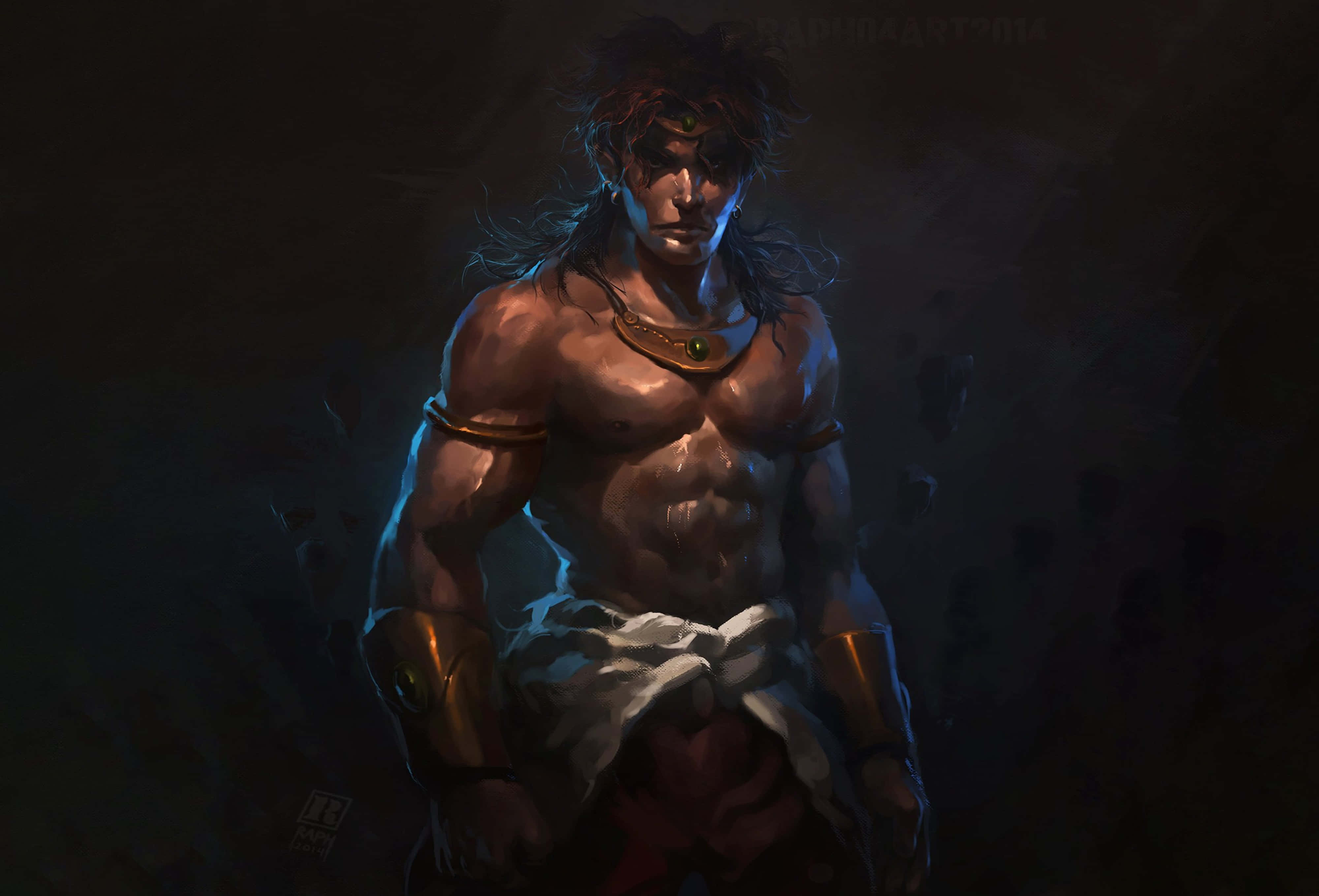 Broly 4K 桌布 壁紙 — 一個肌肉發達的戰士，眼睛發光，身穿金色盔甲，站在陰影黑暗中，被戲劇性的藍光照亮。