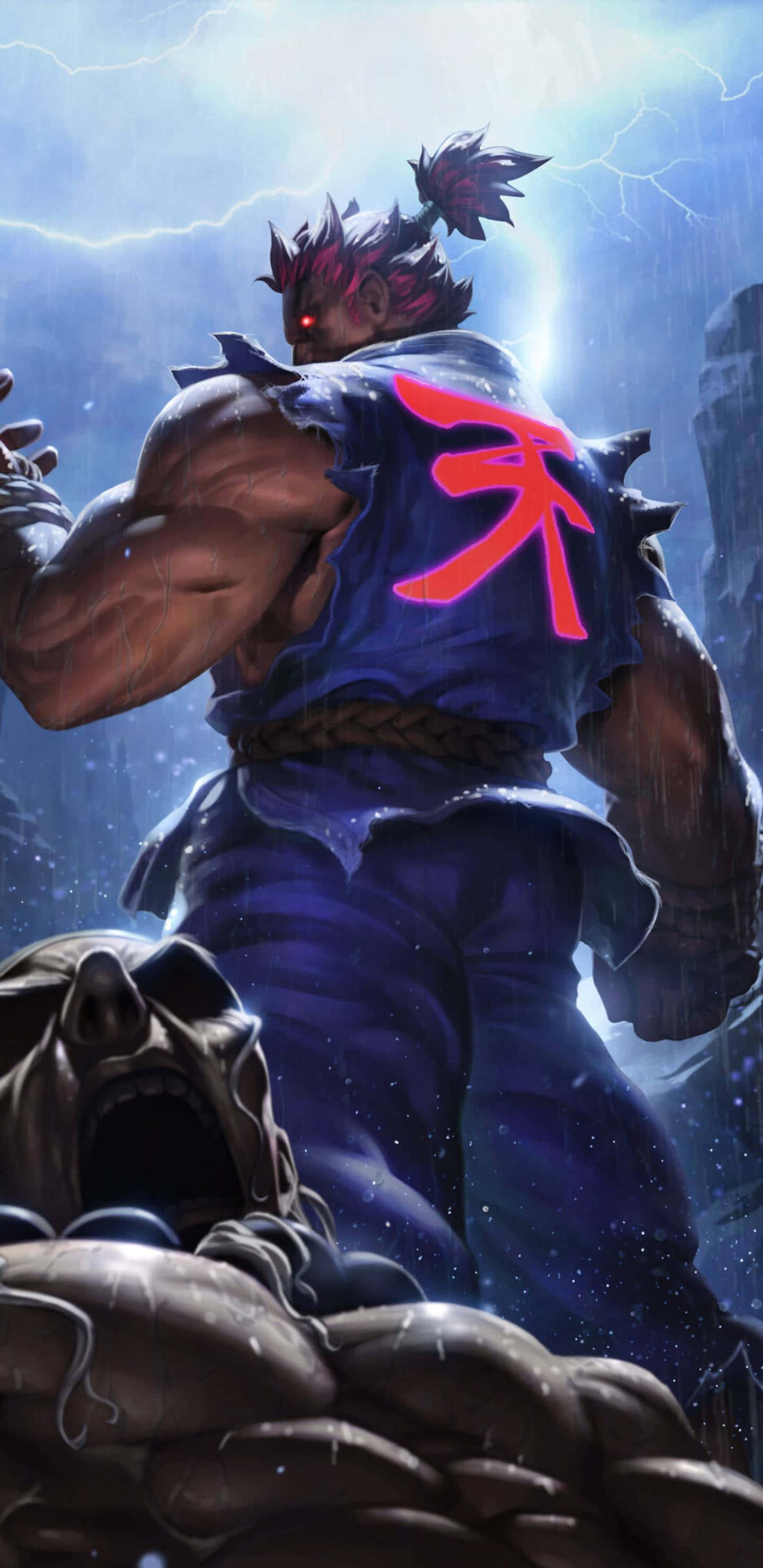 Street Fighter Characters 桌布 壁紙 — 一個肌肉發達的戰士，眼睛發出紅光，背上有一個紅色漢字，站在一個尖叫的頭骨之上，背景是風暴和閃電交織的天空。