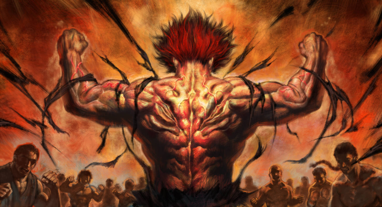 Baki 桌布 壁紙 — 一個肌肉發達的戰士，紅髮和發光的血管，背對熾熱的橙色天空站立，黑暗的觸手從他的身體爆發出來。